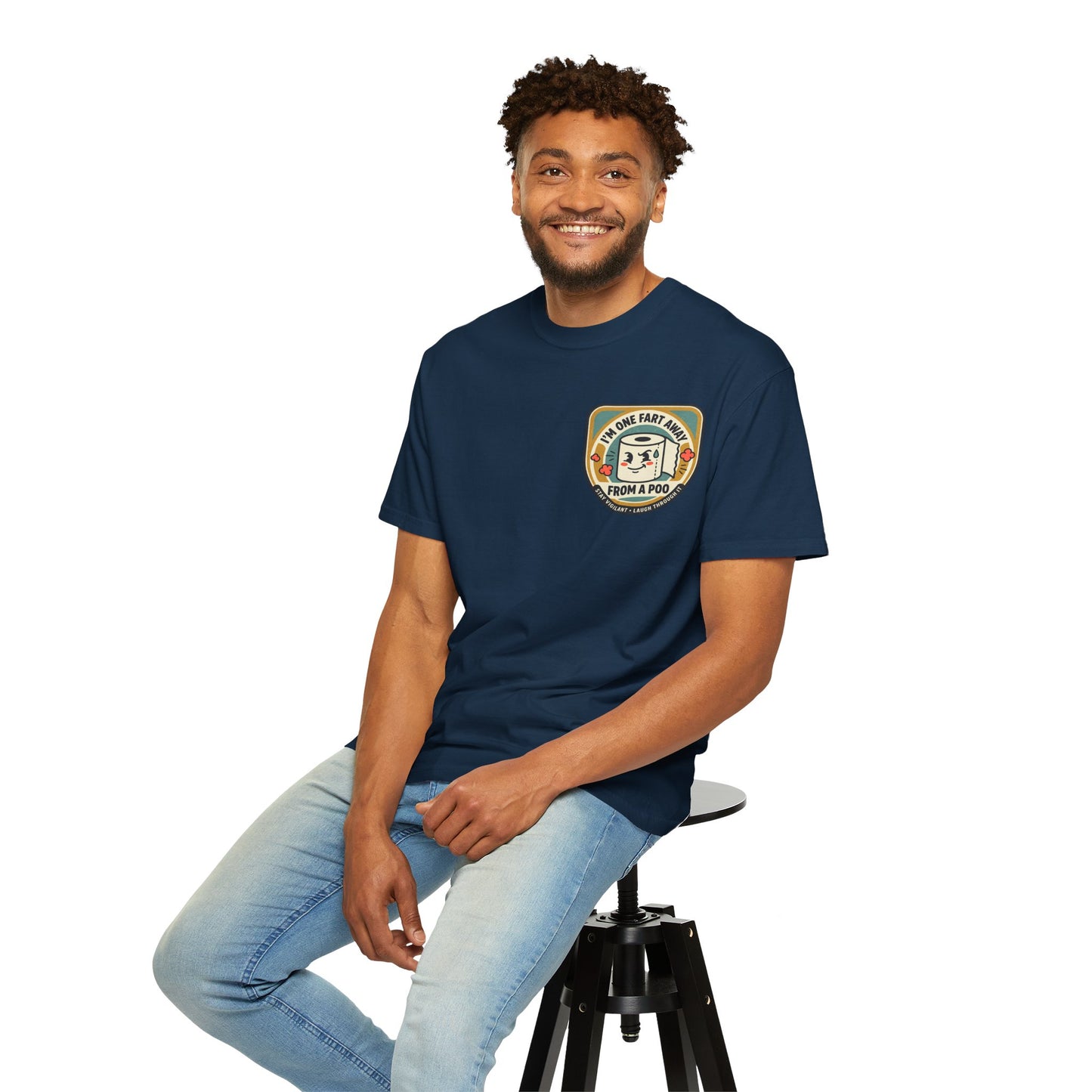 Funny Toilet Paper T-Shirt – “I’m One Fart Away From a Poo” Retro Badge Tee | Novelty Humor Shirt