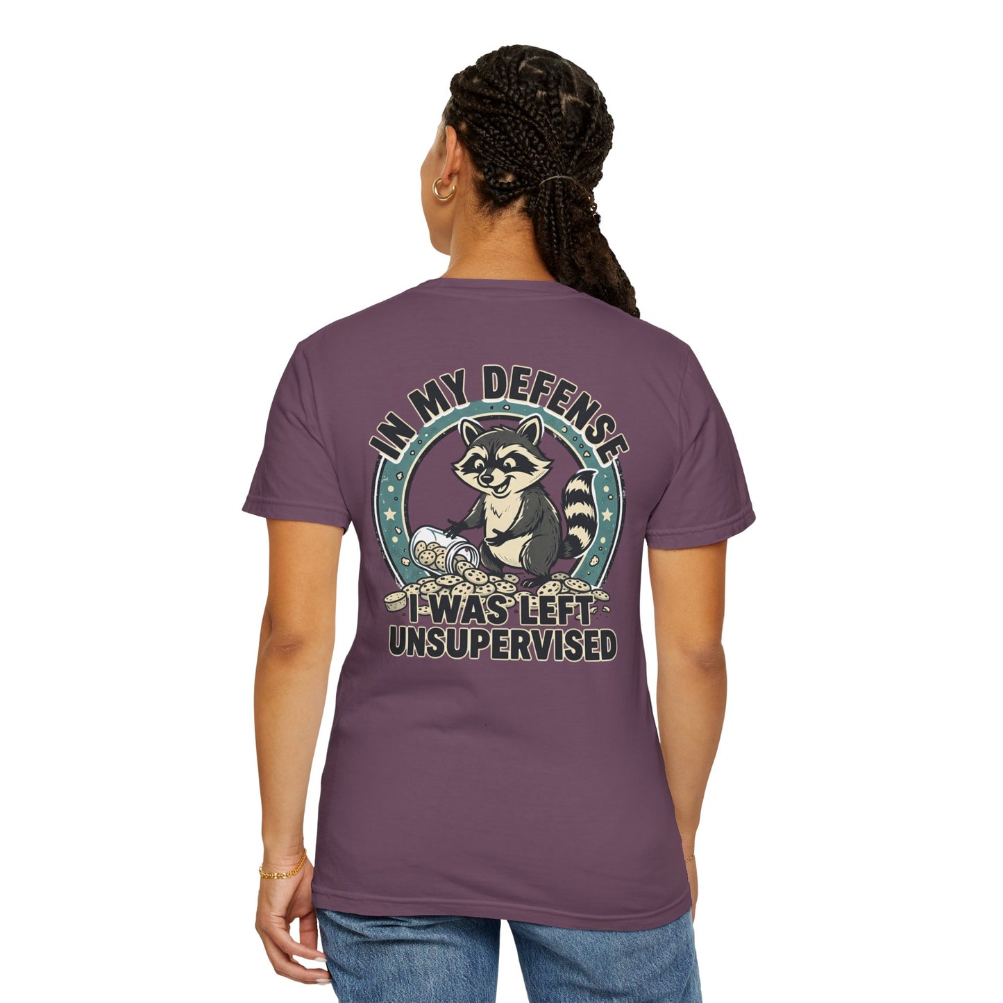 Funny Raccoon T-Shirt – “In My Defense I Was Left Unsupervised” Graphic Tee | Cute Chaos Humor Shirt