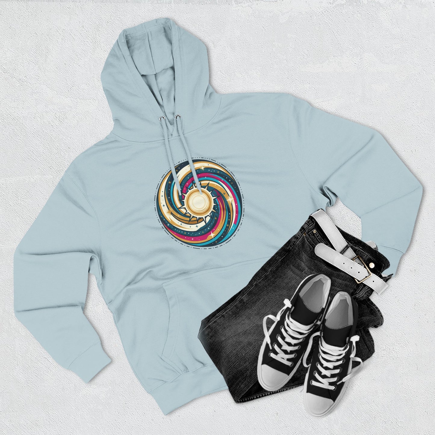 Swirl Sun Hoodie – Cosmic Spiral Sun Graphic Hoodie | Psychedelic Space Aesthetic, Celestial Streetwear, Unisex Hoodie