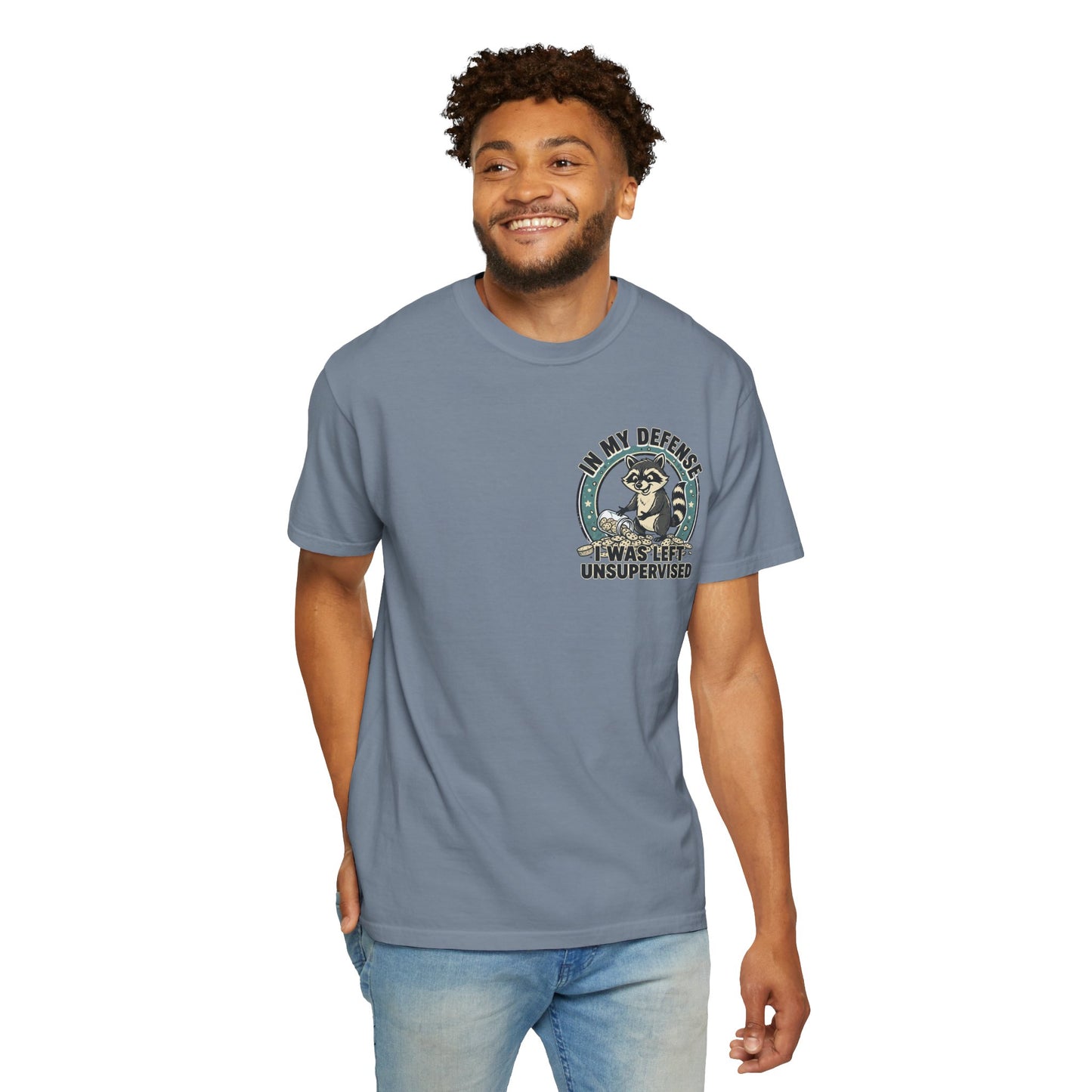Funny Raccoon T-Shirt – “In My Defense I Was Left Unsupervised” Graphic Tee | Cute Chaos Humor Shirt