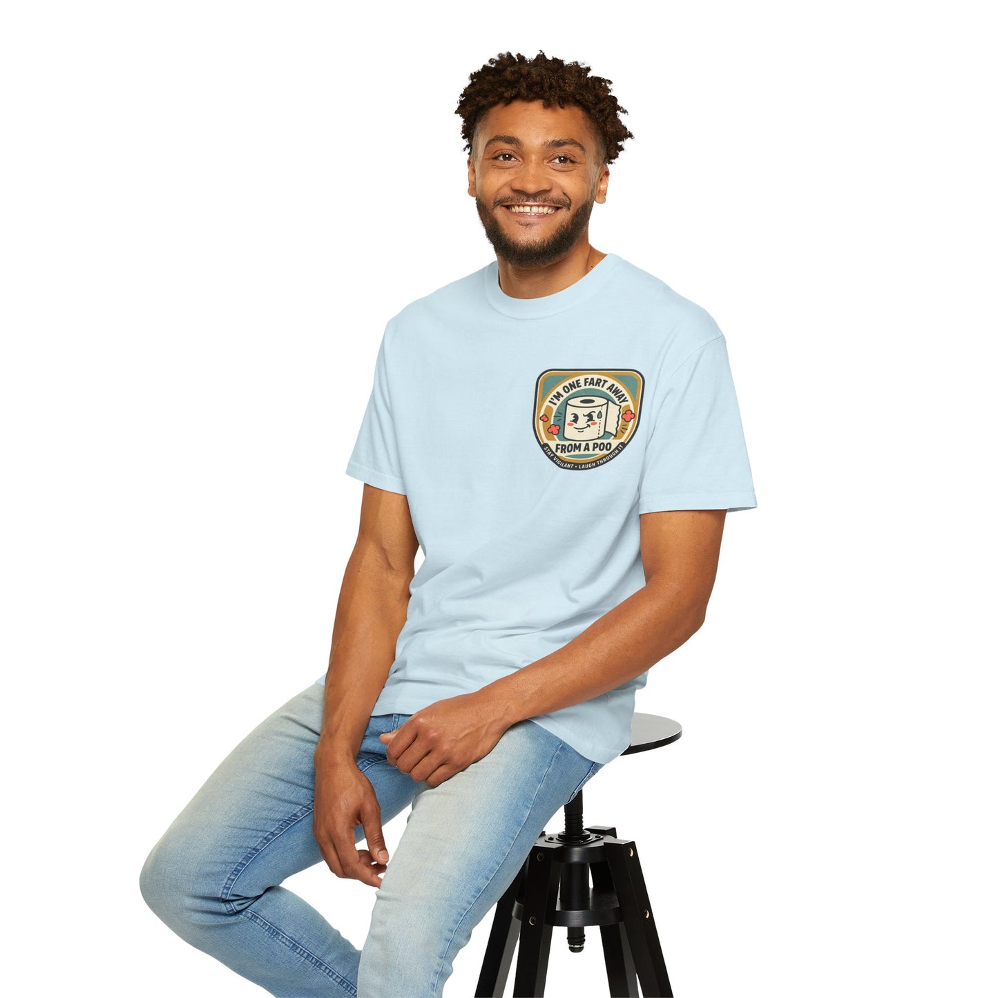 Funny Toilet Paper T-Shirt – “I’m One Fart Away From a Poo” Retro Badge Tee | Novelty Humor Shirt