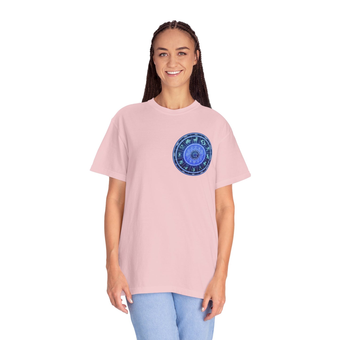 Zodiac Wheel T-Shirt – Blue Astrology Sign Graphic Tee | Celestial Mandala Star Sign Shirt