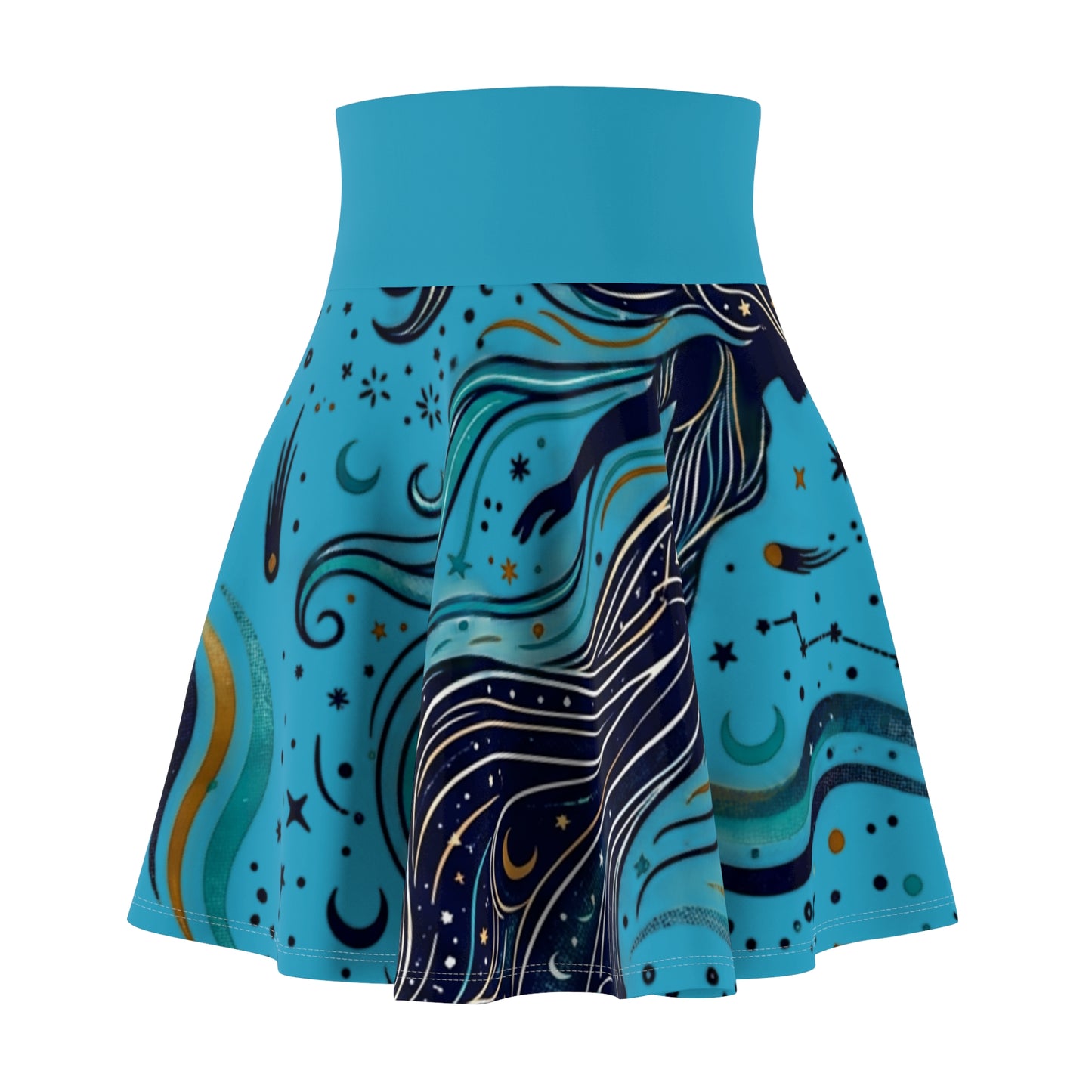 Celestial Waves Skater Skirt – Blue Moon & Star Print Aesthetic Skirt | Women’s Flowy Cosmic Skirt