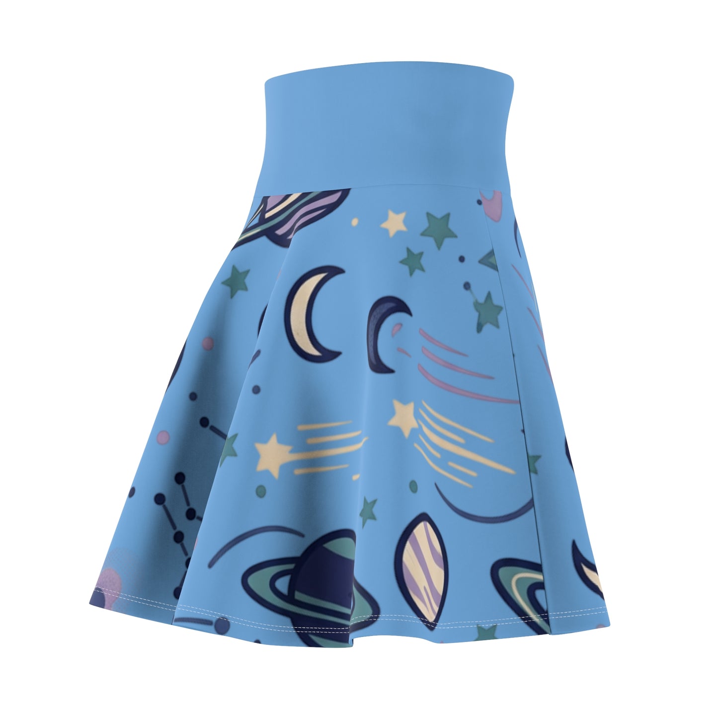 Celestial Skater Skirt – Blue Planet & Moon Print Aesthetic Skirt | Women’s Flowy Cosmic Skirt