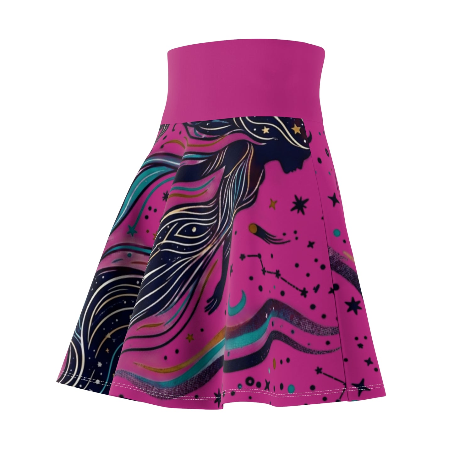 Celestial Waves Skater Skirt – Blue Moon & Star Print Aesthetic Skirt | Women’s Flowy Cosmic Skirt
