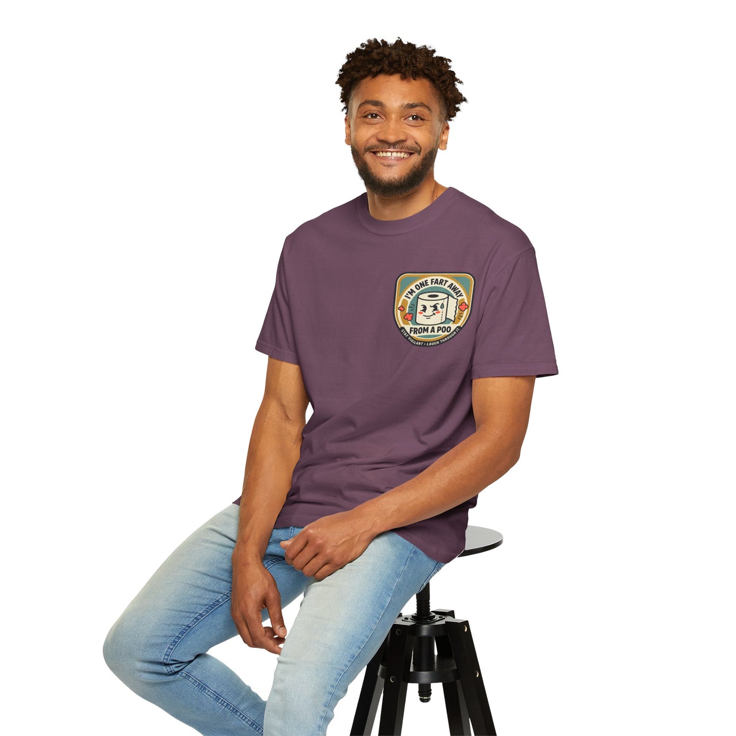 Funny Toilet Paper T-Shirt – “I’m One Fart Away From a Poo” Retro Badge Tee | Novelty Humor Shirt
