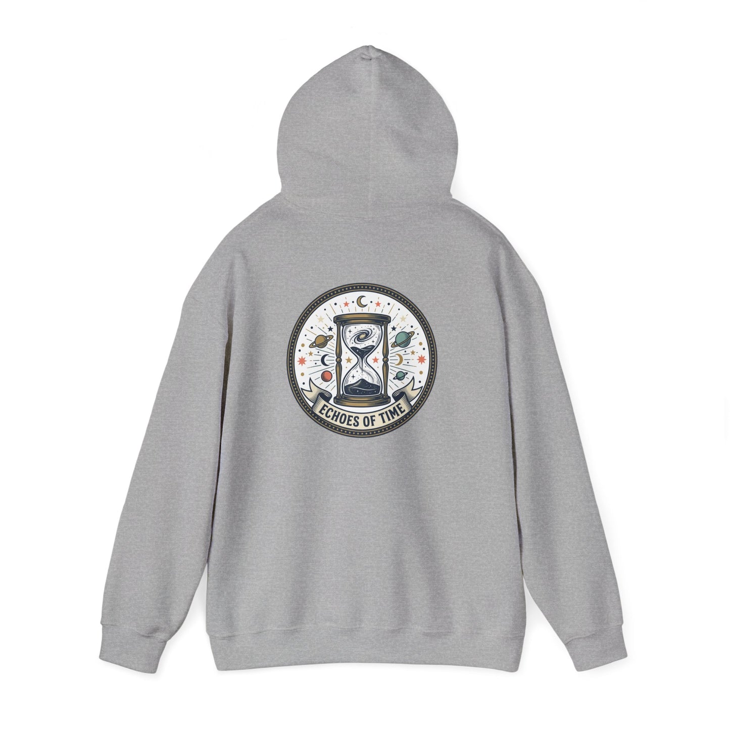 Hourglass Echoes Hoodie – “Echoes of Time” Vintage Celestial Graphic Sweatshirt | Minimal Cosmic Streetwear