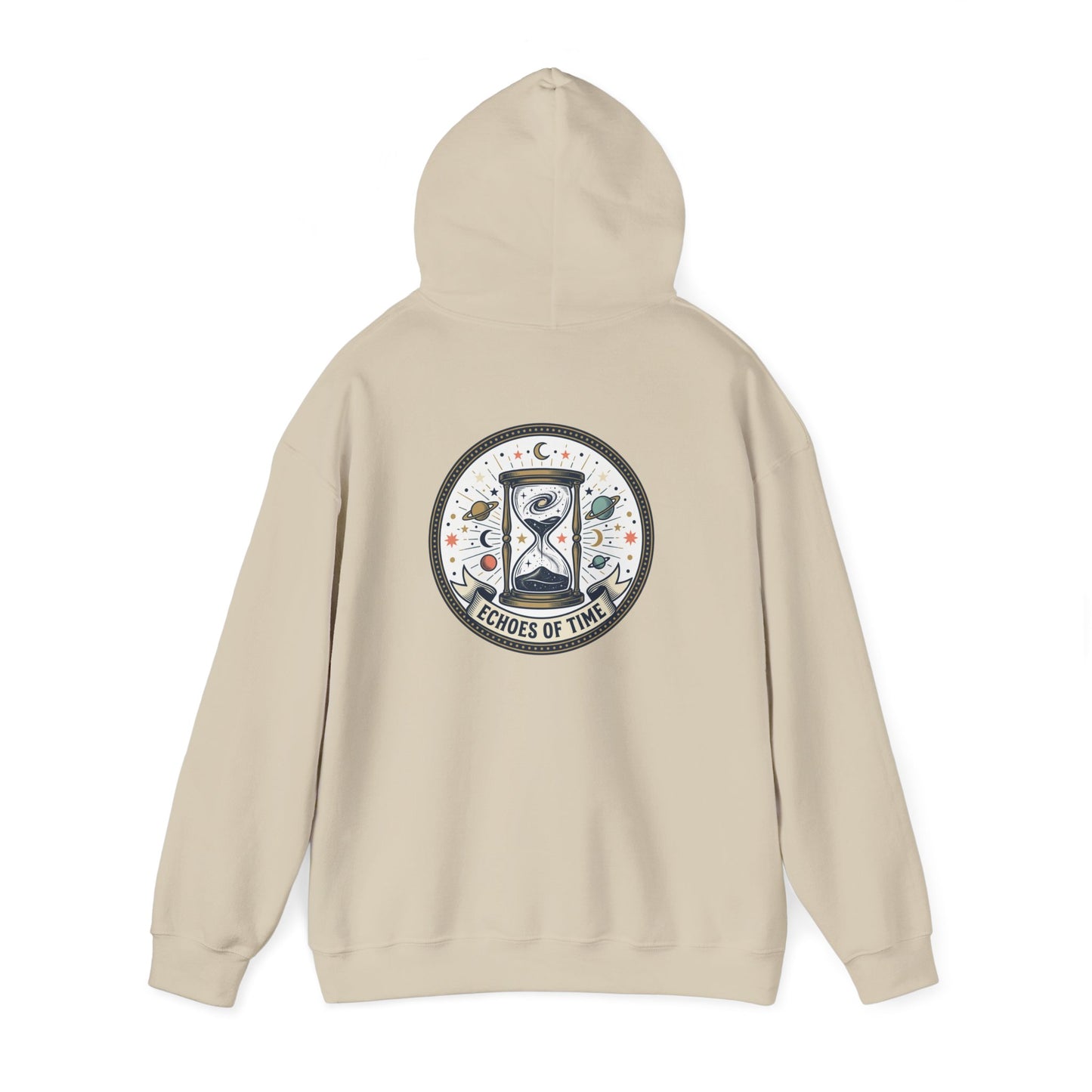 Hourglass Echoes Hoodie – “Echoes of Time” Vintage Celestial Graphic Sweatshirt | Minimal Cosmic Streetwear