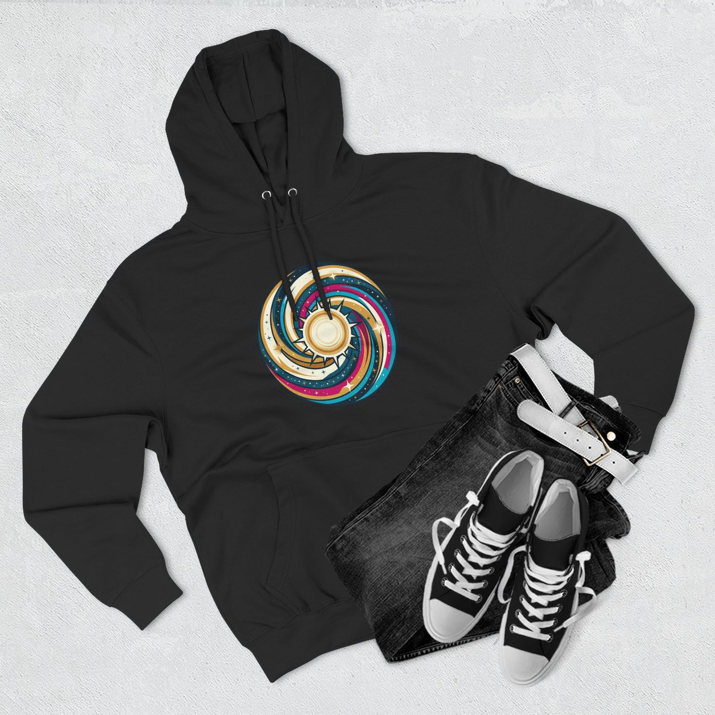 Swirl Sun Hoodie – Cosmic Spiral Sun Graphic Hoodie | Psychedelic Space Aesthetic, Celestial Streetwear, Unisex Hoodie