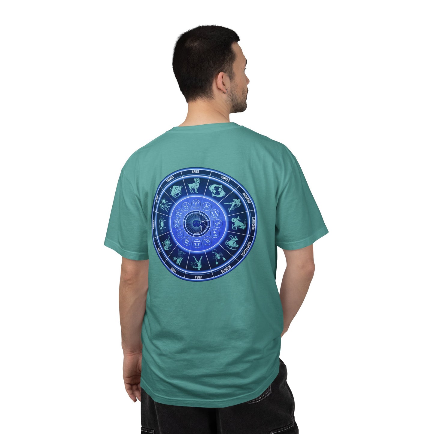 Zodiac Wheel T-Shirt – Blue Astrology Sign Graphic Tee | Celestial Mandala Star Sign Shirt