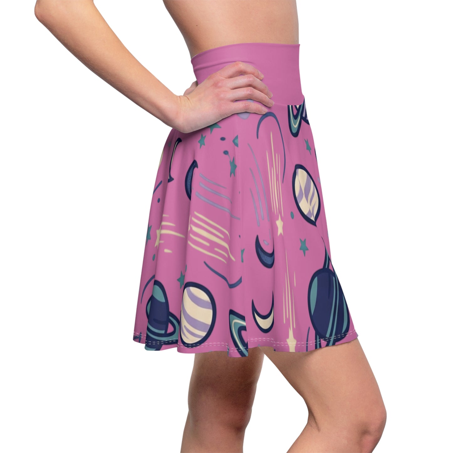 Celestial Skater Skirt – Pink Planet & Moon Print Aesthetic Skirt | Women’s Flowy Cosmic Skirt