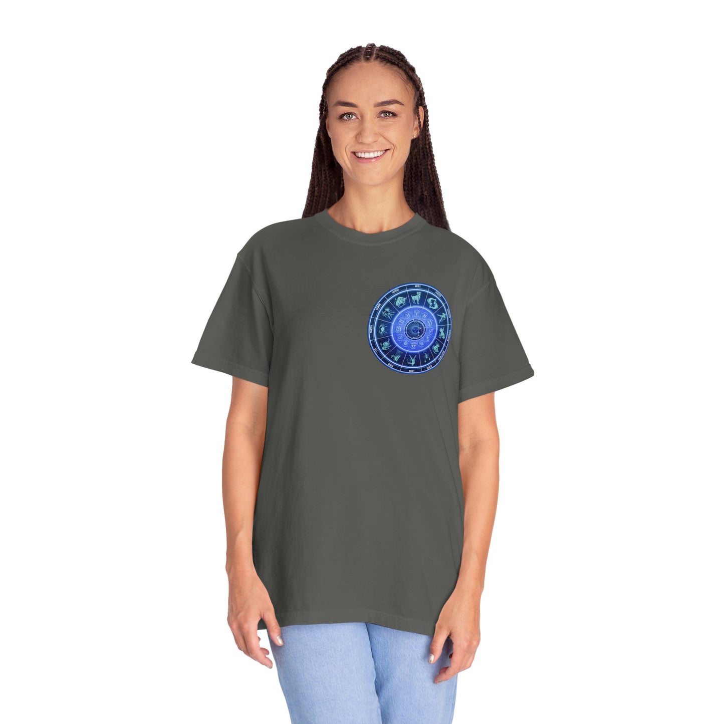 Zodiac Wheel T-Shirt – Blue Astrology Sign Graphic Tee | Celestial Mandala Star Sign Shirt
