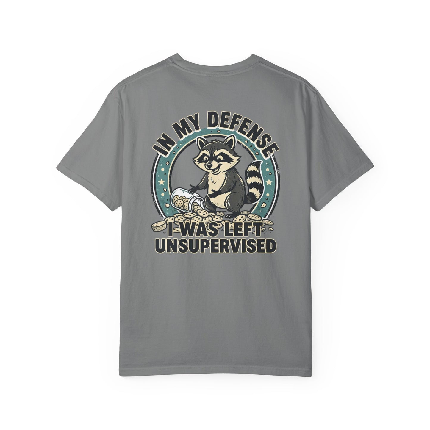Funny Raccoon T-Shirt – “In My Defense I Was Left Unsupervised” Graphic Tee | Cute Chaos Humor Shirt