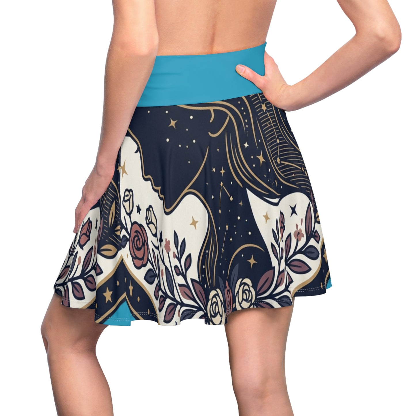 Celestial Moon & Roses Skater Skirt – Astrology Floral Aesthetic Skirt | Women’s Flowy Cosmic Skirt