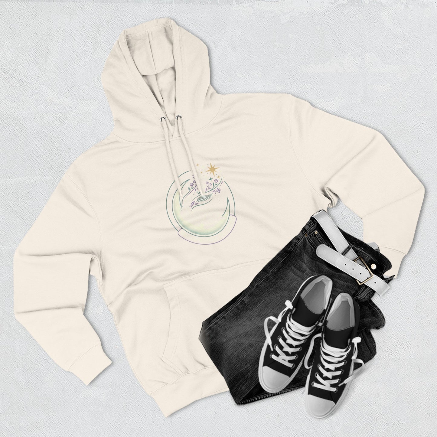 Moonlight Floral Hoodie – Celestial Moon & Botanical Graphic Hoodie | Spiritual Nature Aesthetic, Cosmic Hoodie, Unisex Hoodie