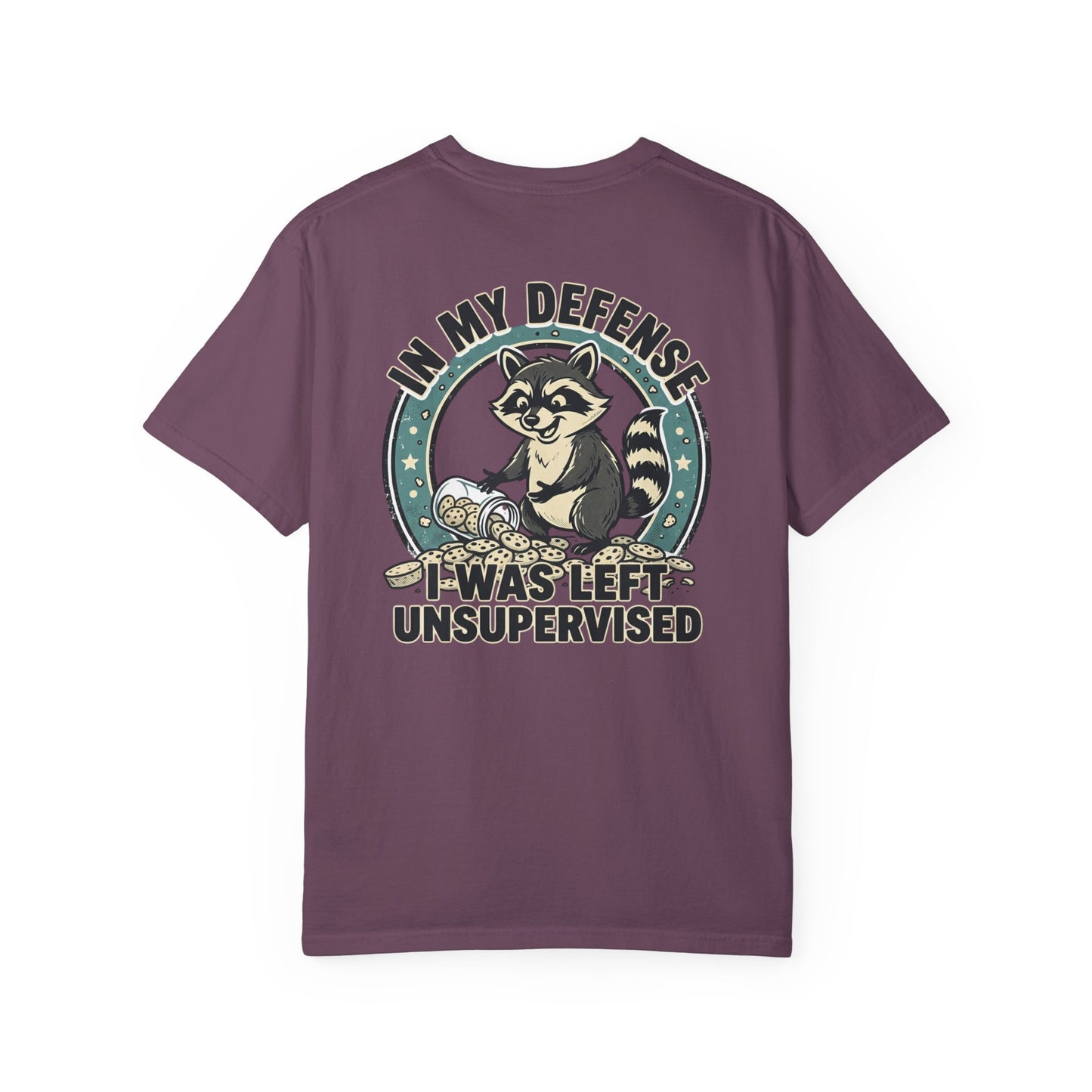 Funny Raccoon T-Shirt – “In My Defense I Was Left Unsupervised” Graphic Tee | Cute Chaos Humor Shirt