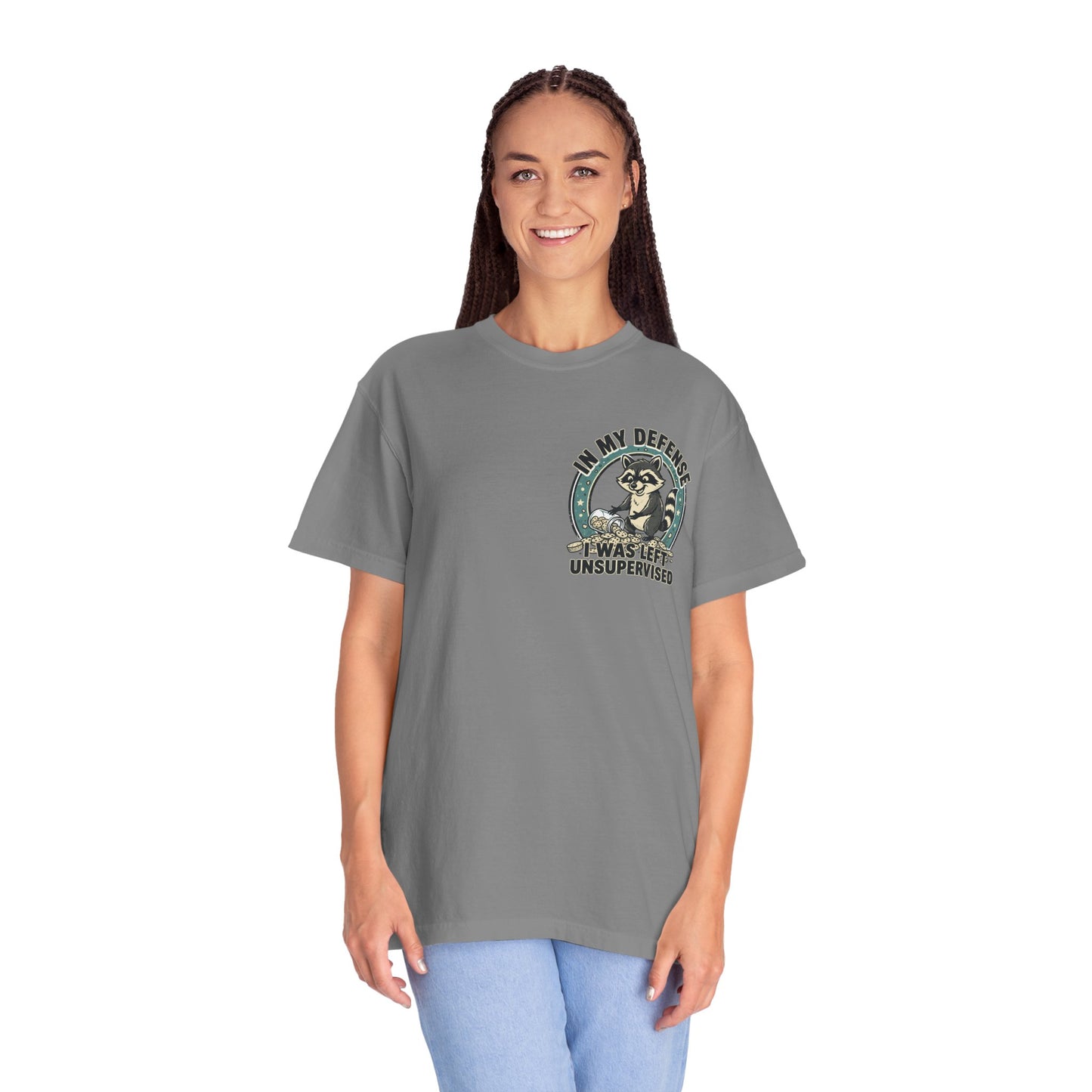 Funny Raccoon T-Shirt – “In My Defense I Was Left Unsupervised” Graphic Tee | Cute Chaos Humor Shirt
