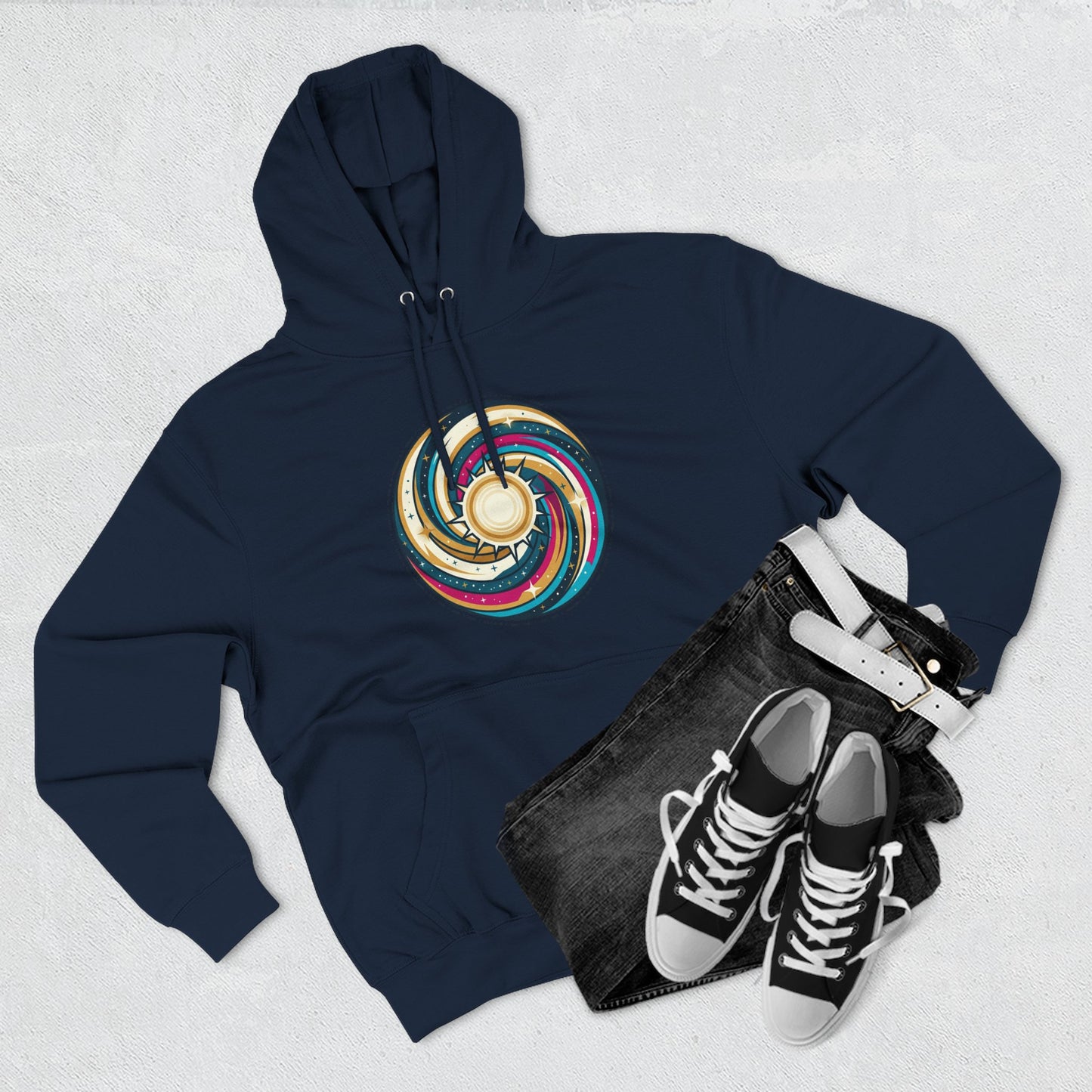 Swirl Sun Hoodie – Cosmic Spiral Sun Graphic Hoodie | Psychedelic Space Aesthetic, Celestial Streetwear, Unisex Hoodie