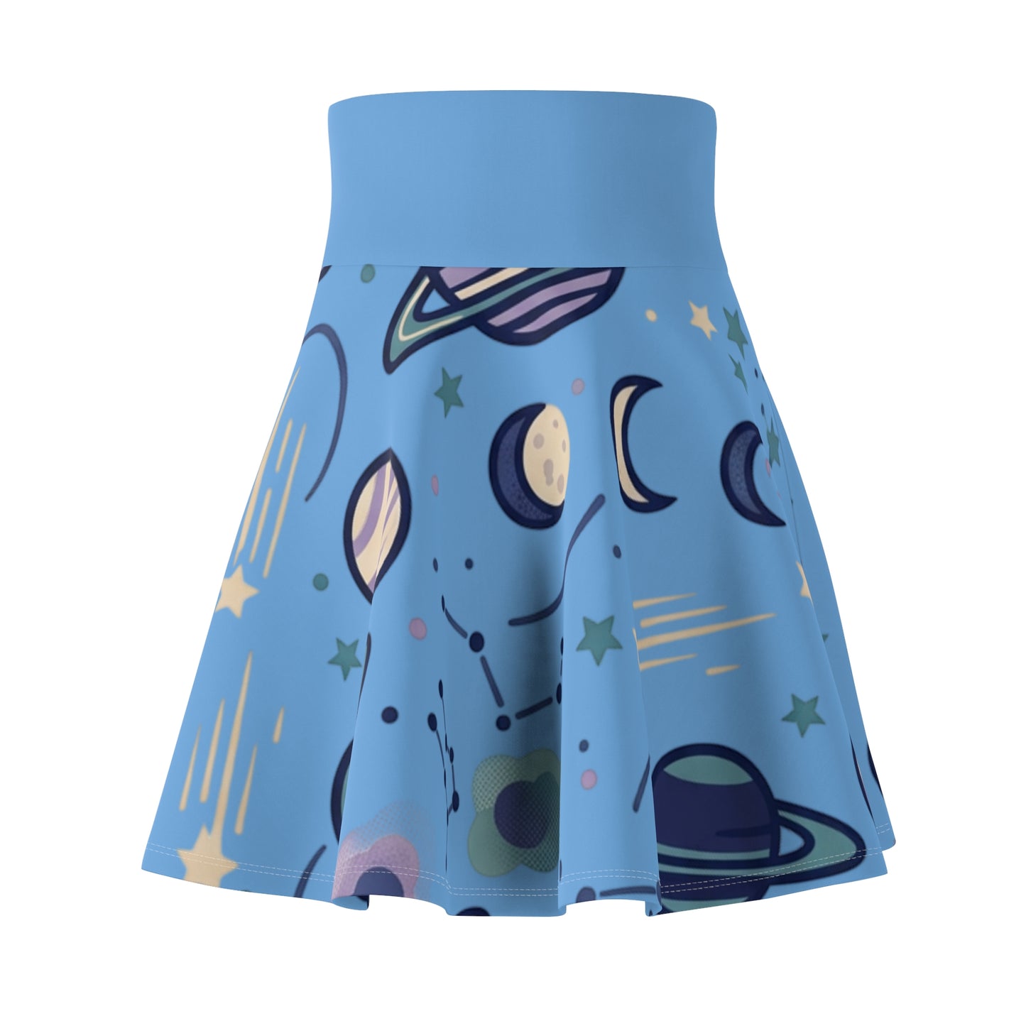 Celestial Skater Skirt – Blue Planet & Moon Print Aesthetic Skirt | Women’s Flowy Cosmic Skirt