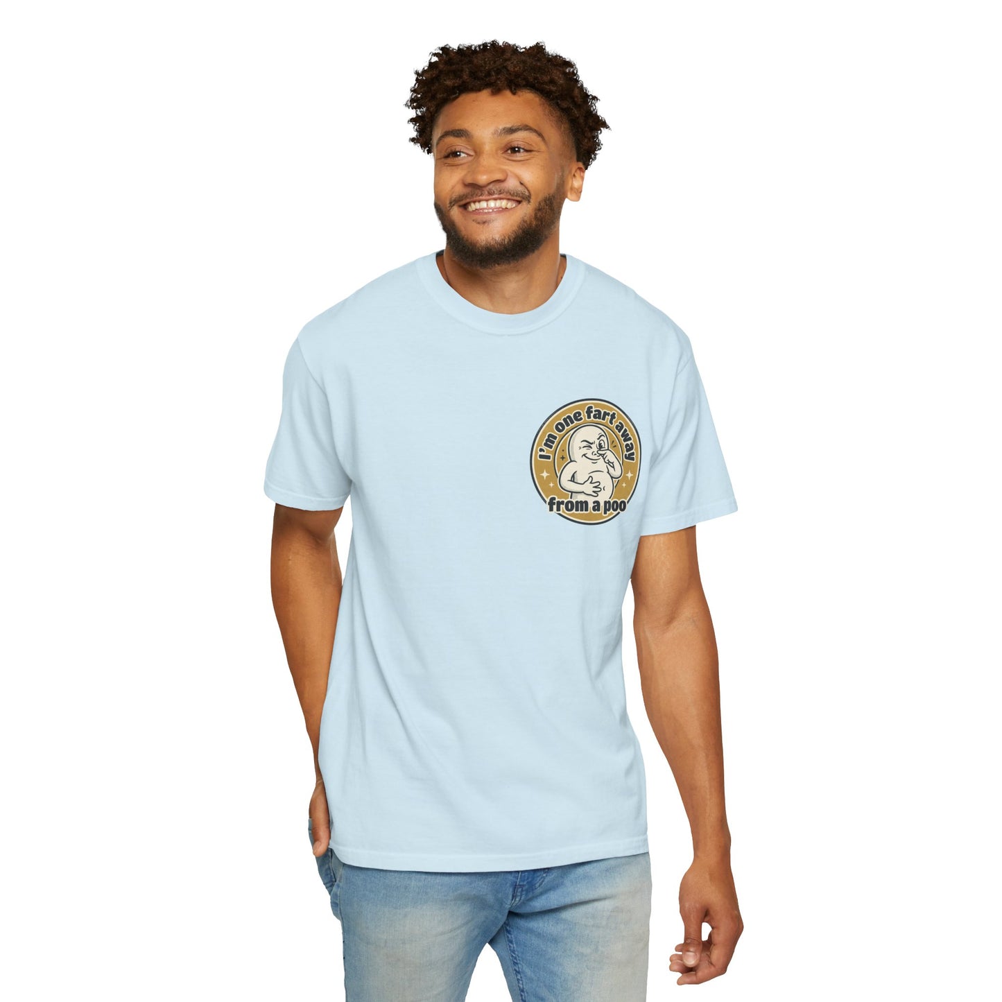 Funny Graphic T-Shirt – “I’m One Fart Away From a Poo” Retro Badge Tee | Sarcastic Humor Shirt