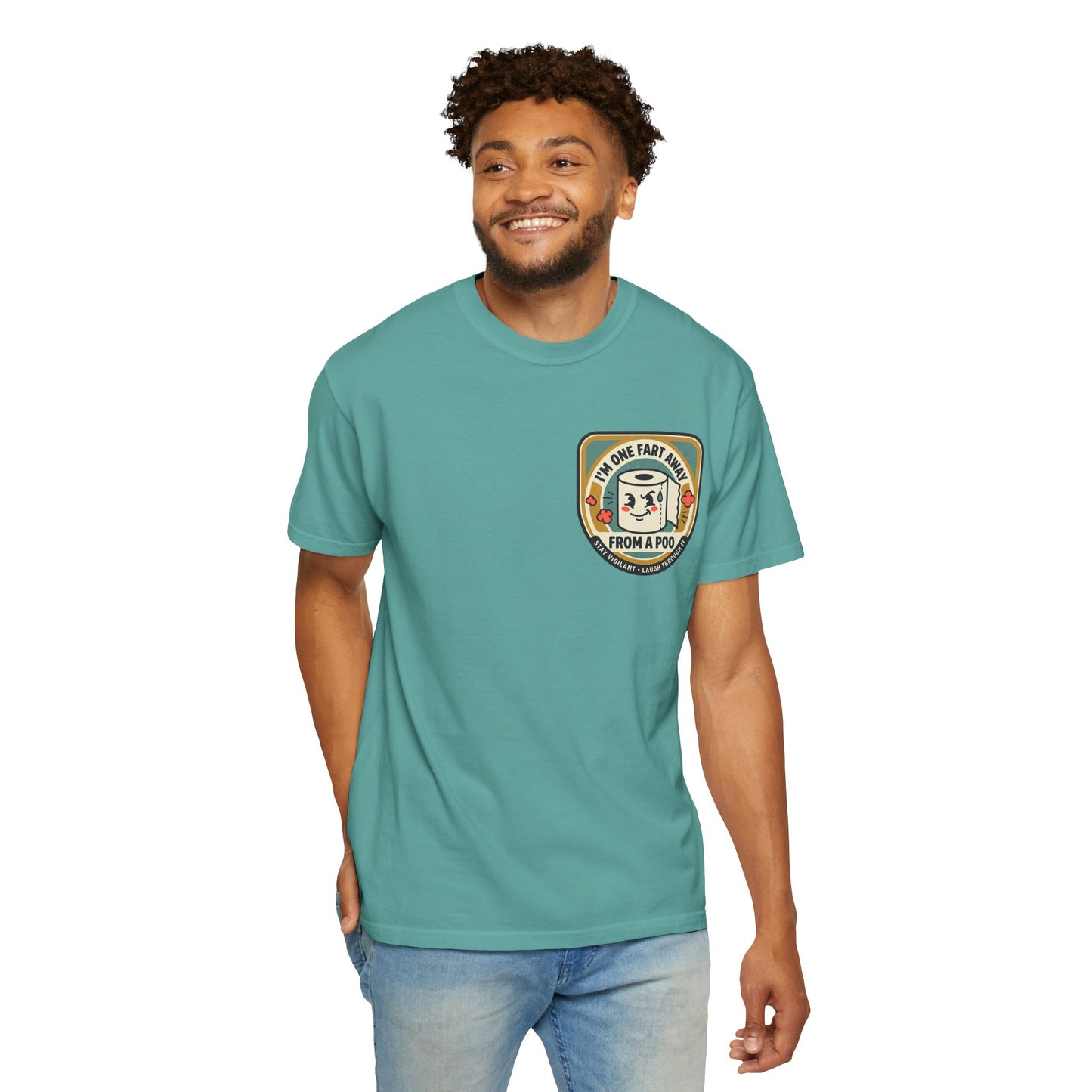 Funny Toilet Paper T-Shirt – “I’m One Fart Away From a Poo” Retro Badge Tee | Novelty Humor Shirt