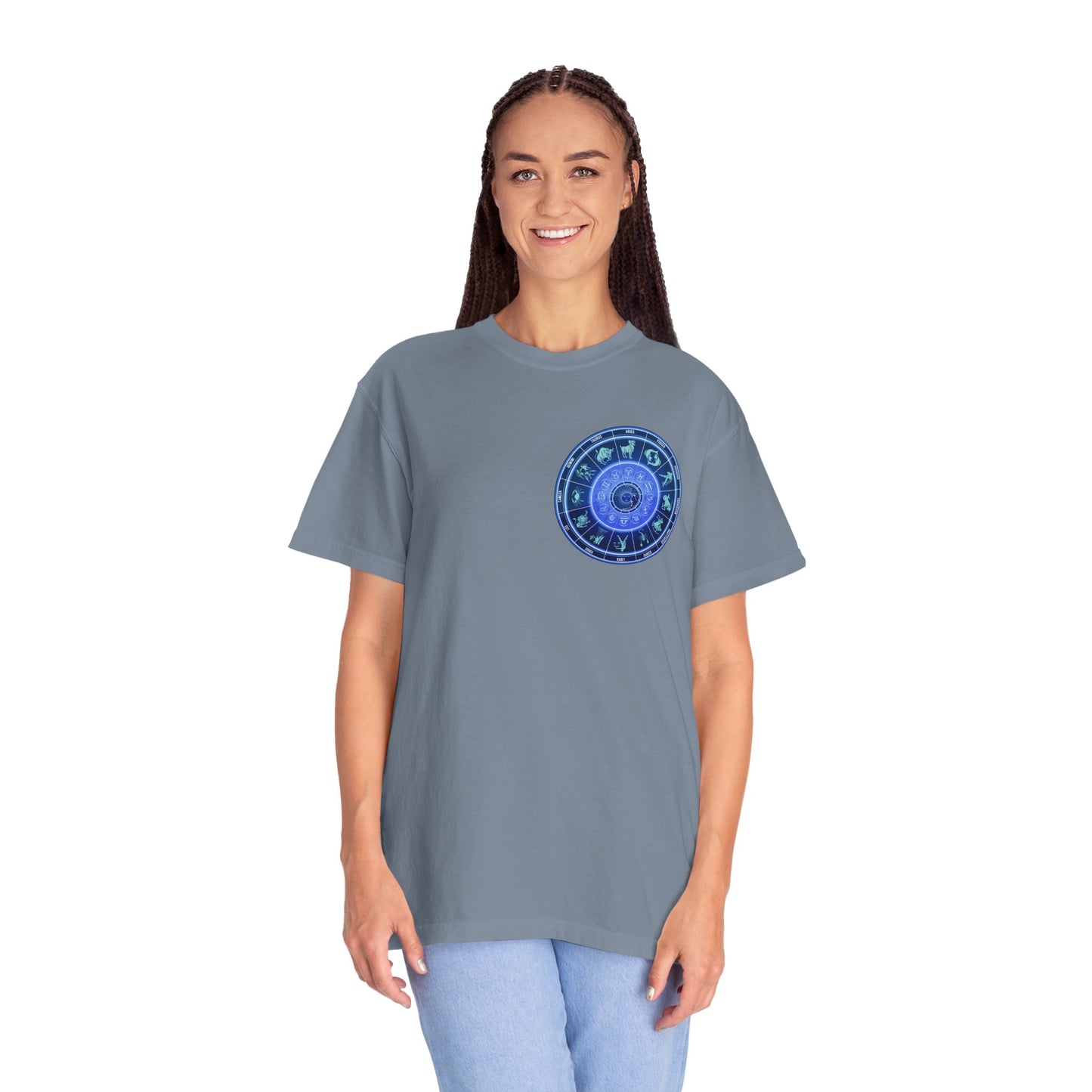 Zodiac Wheel T-Shirt – Blue Astrology Sign Graphic Tee | Celestial Mandala Star Sign Shirt