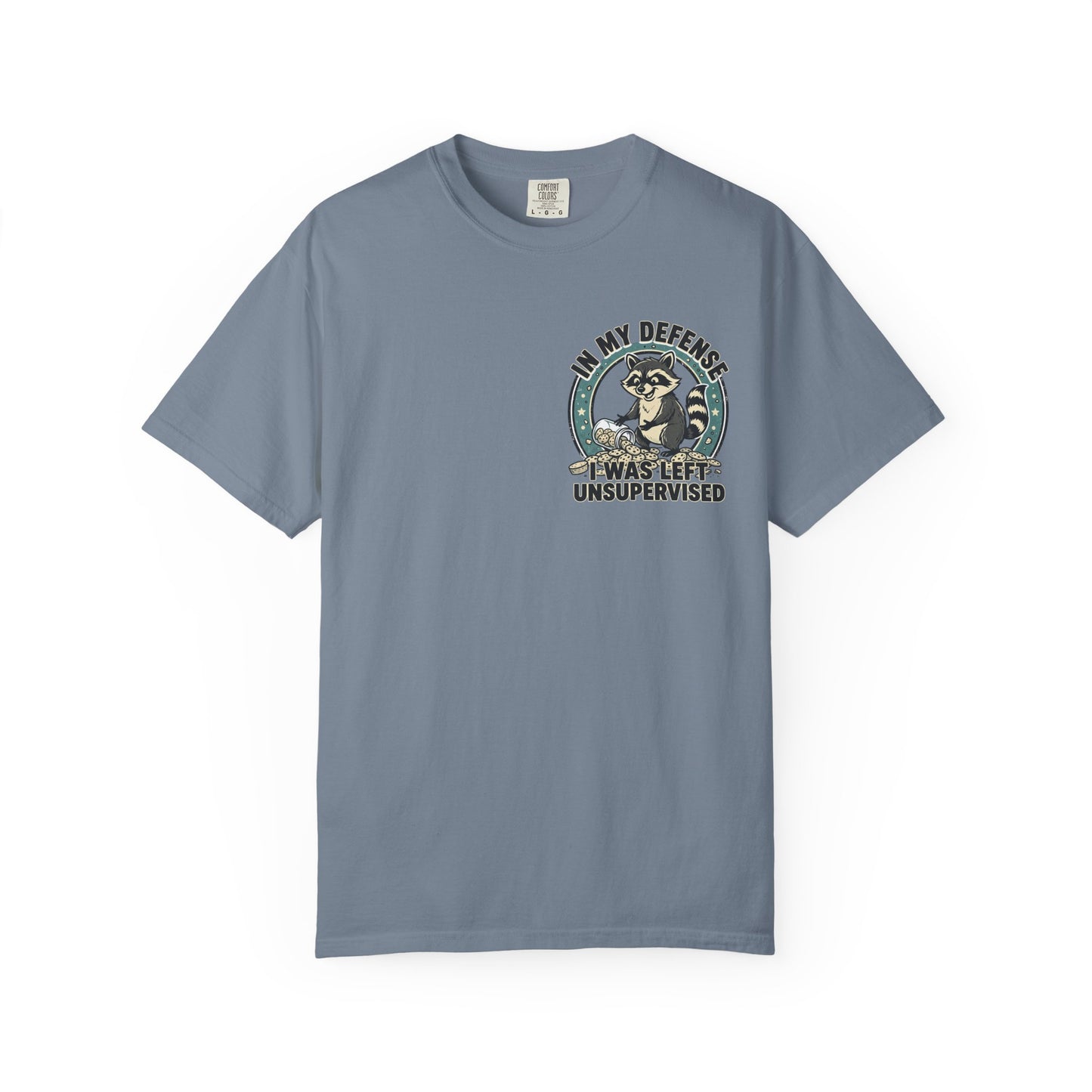 Funny Raccoon T-Shirt – “In My Defense I Was Left Unsupervised” Graphic Tee | Cute Chaos Humor Shirt