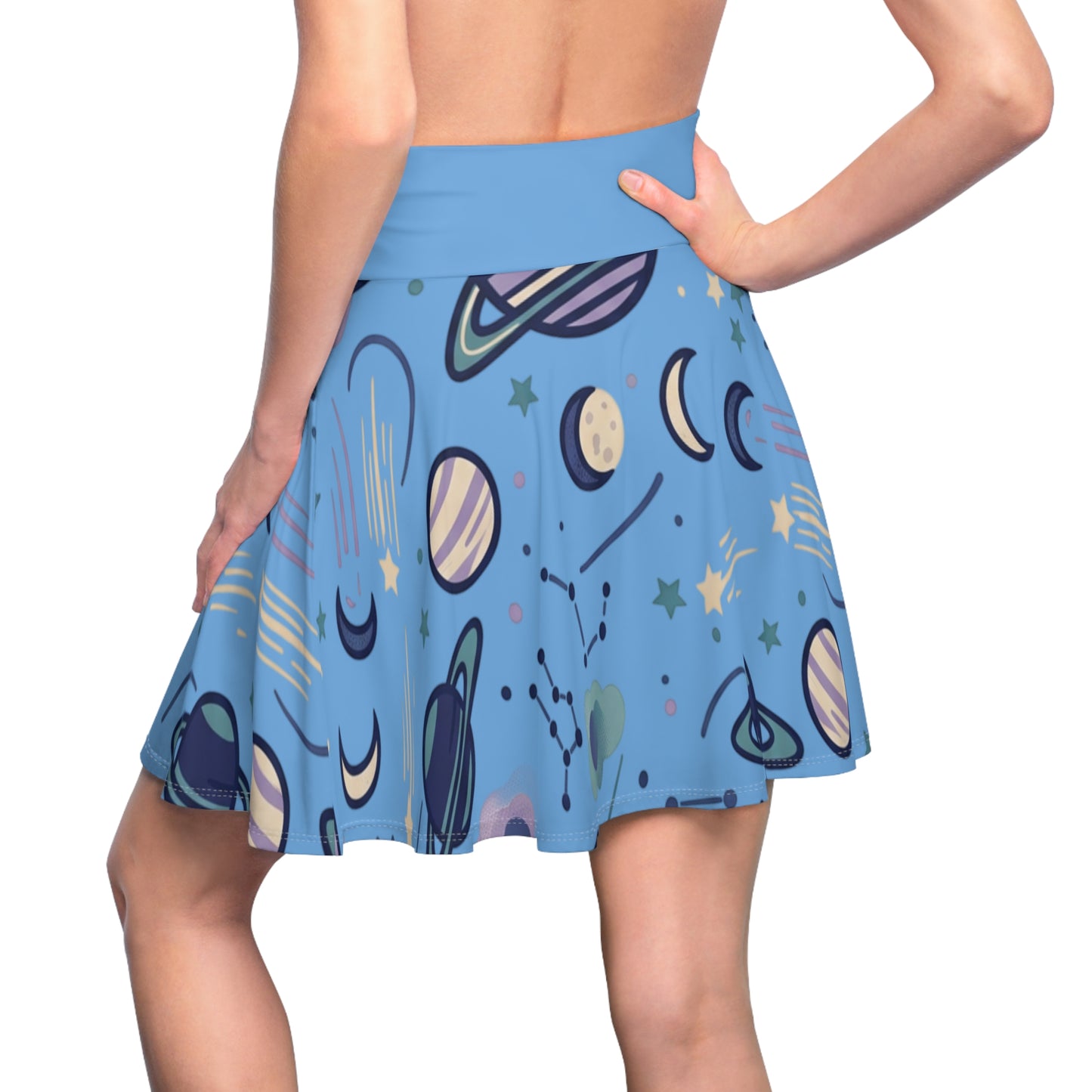 Celestial Skater Skirt – Blue Planet & Moon Print Aesthetic Skirt | Women’s Flowy Cosmic Skirt