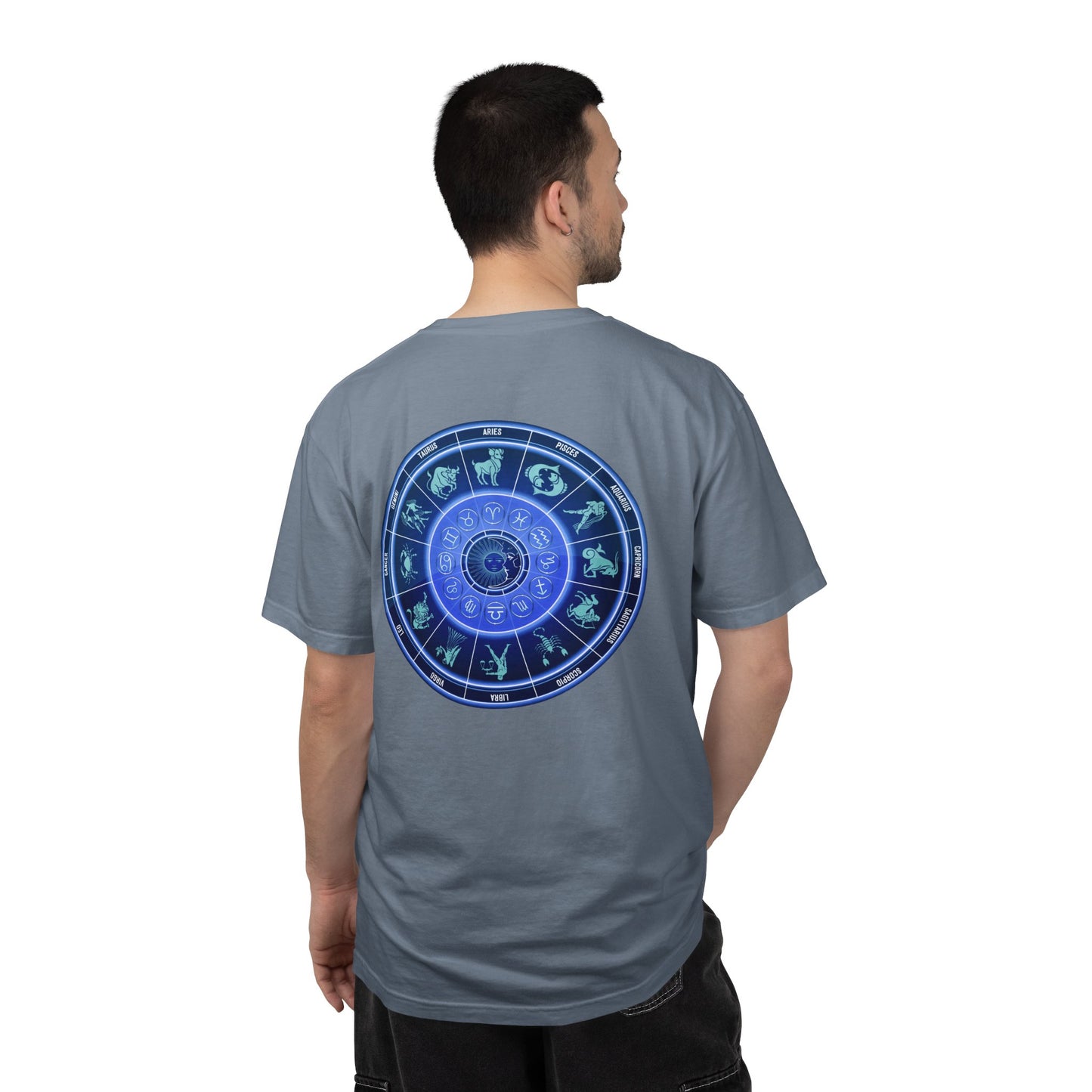 Zodiac Wheel T-Shirt – Blue Astrology Sign Graphic Tee | Celestial Mandala Star Sign Shirt