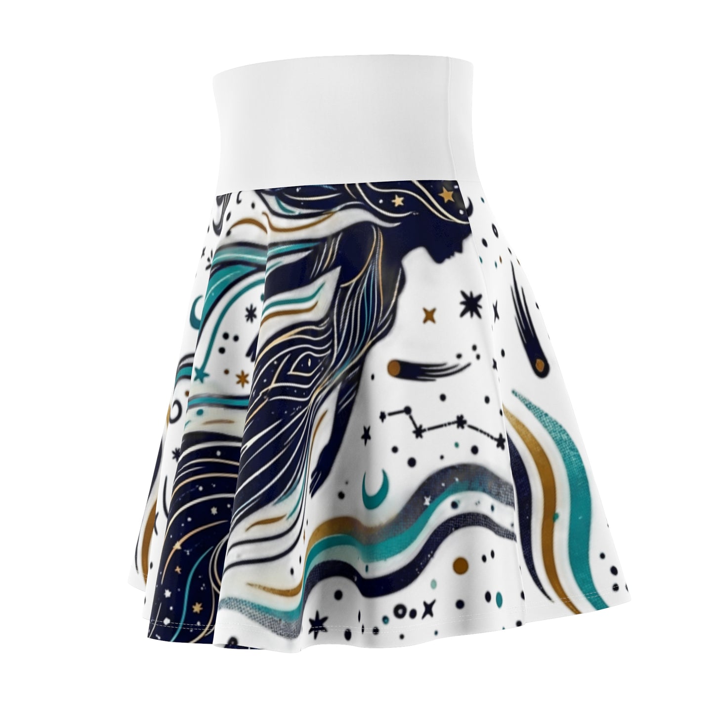 Celestial Waves Skater Skirt – Blue Moon & Star Print Aesthetic Skirt | Women’s Flowy Cosmic Skirt