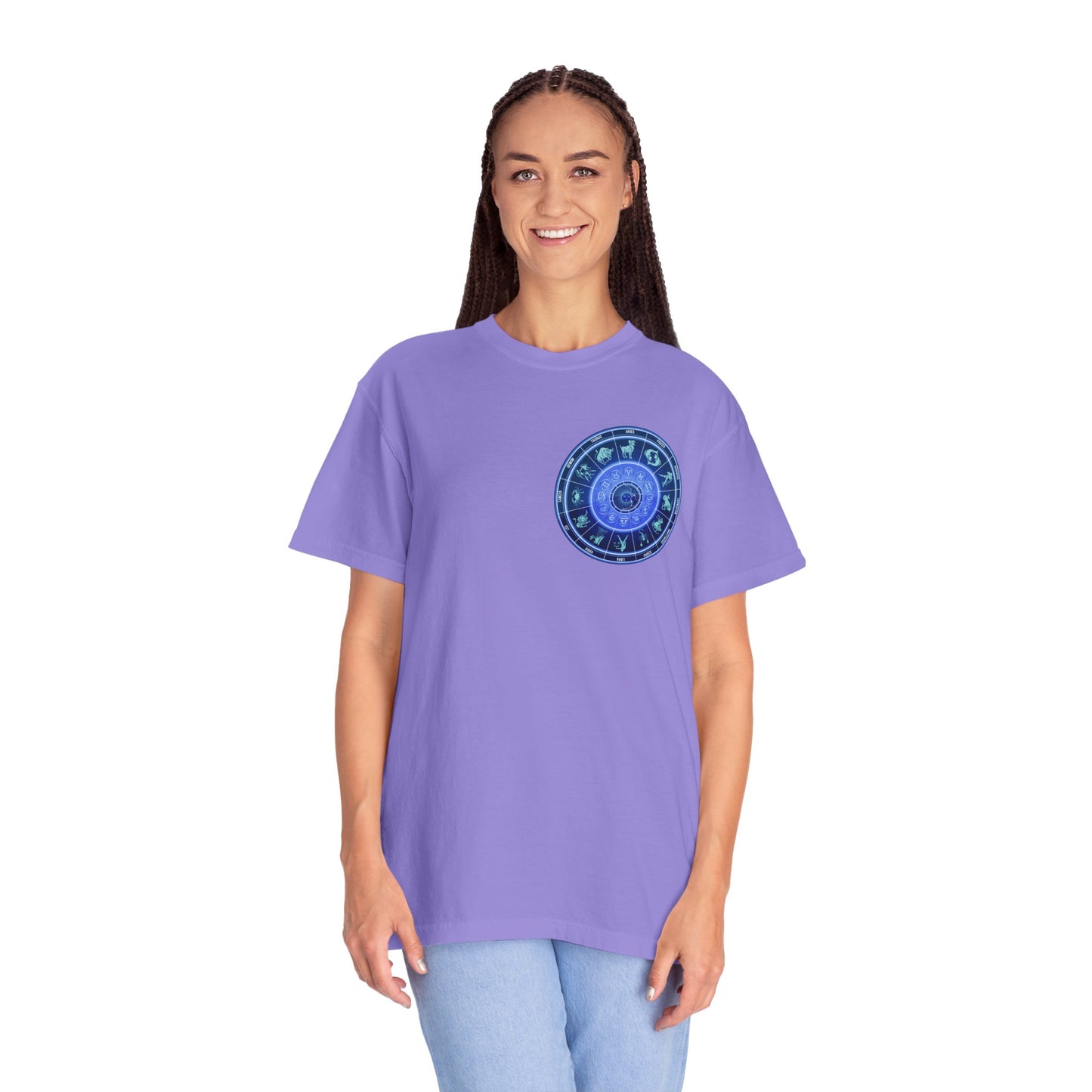 Zodiac Wheel T-Shirt – Blue Astrology Sign Graphic Tee | Celestial Mandala Star Sign Shirt