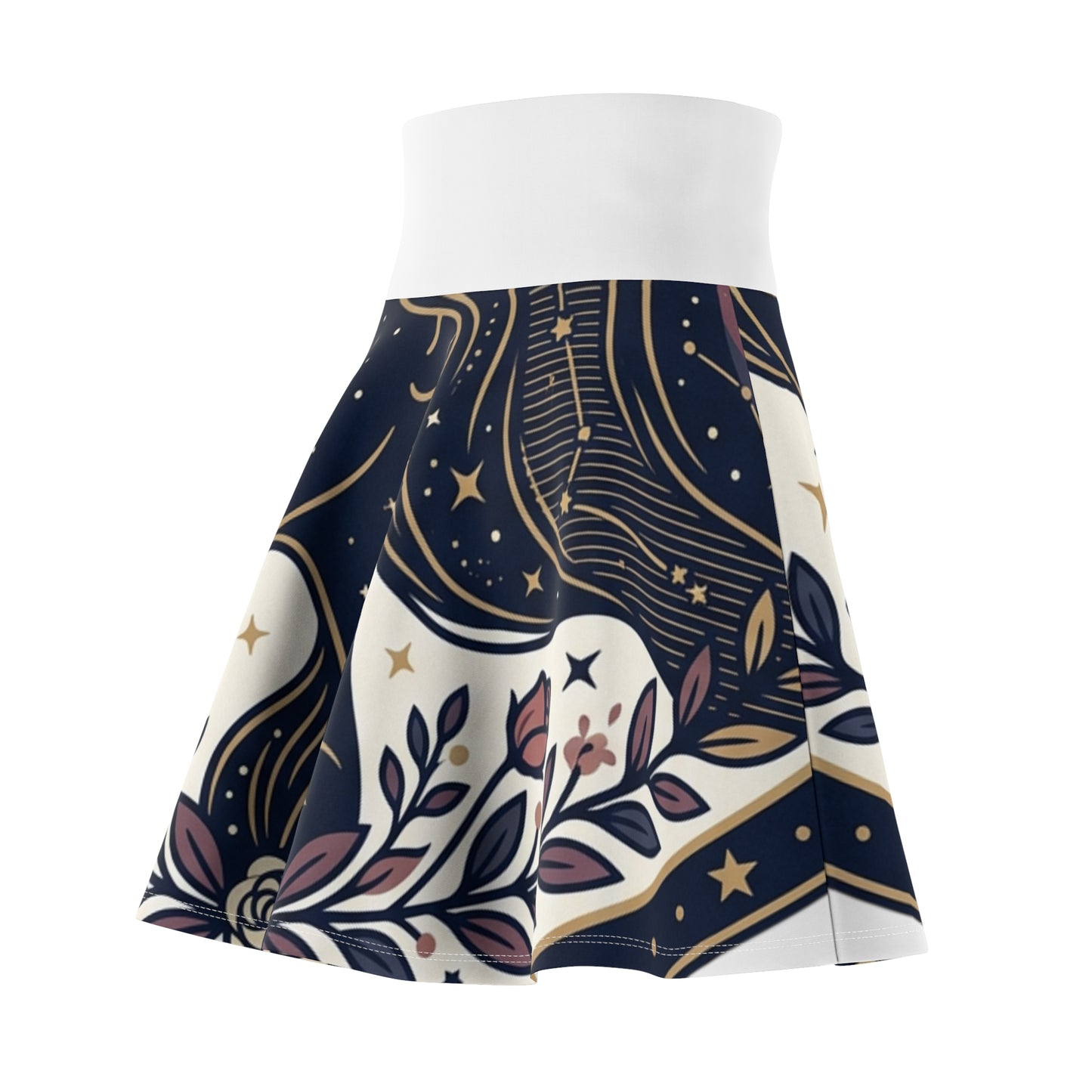 Celestial Moon & Roses Skater Skirt – Astrology Floral Aesthetic Skirt | Women’s Flowy Cosmic Skirt