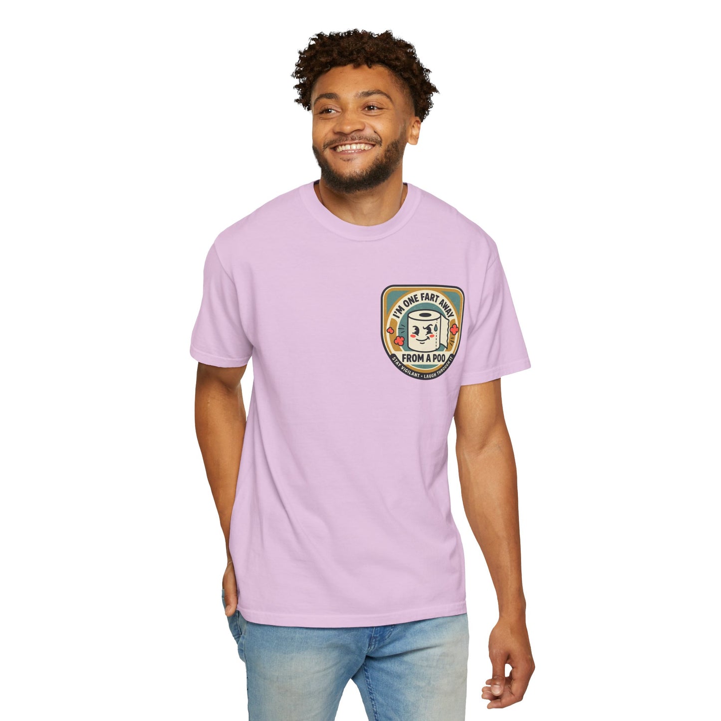 Funny Toilet Paper T-Shirt – “I’m One Fart Away From a Poo” Retro Badge Tee | Novelty Humor Shirt