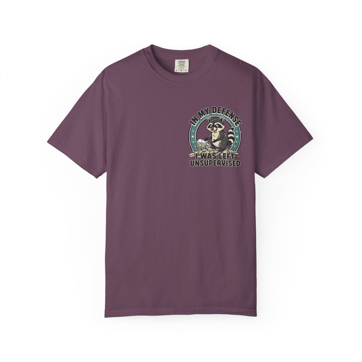 Funny Raccoon T-Shirt – “In My Defense I Was Left Unsupervised” Graphic Tee | Cute Chaos Humor Shirt