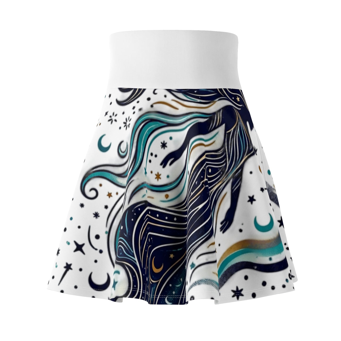 Celestial Waves Skater Skirt – Blue Moon & Star Print Aesthetic Skirt | Women’s Flowy Cosmic Skirt