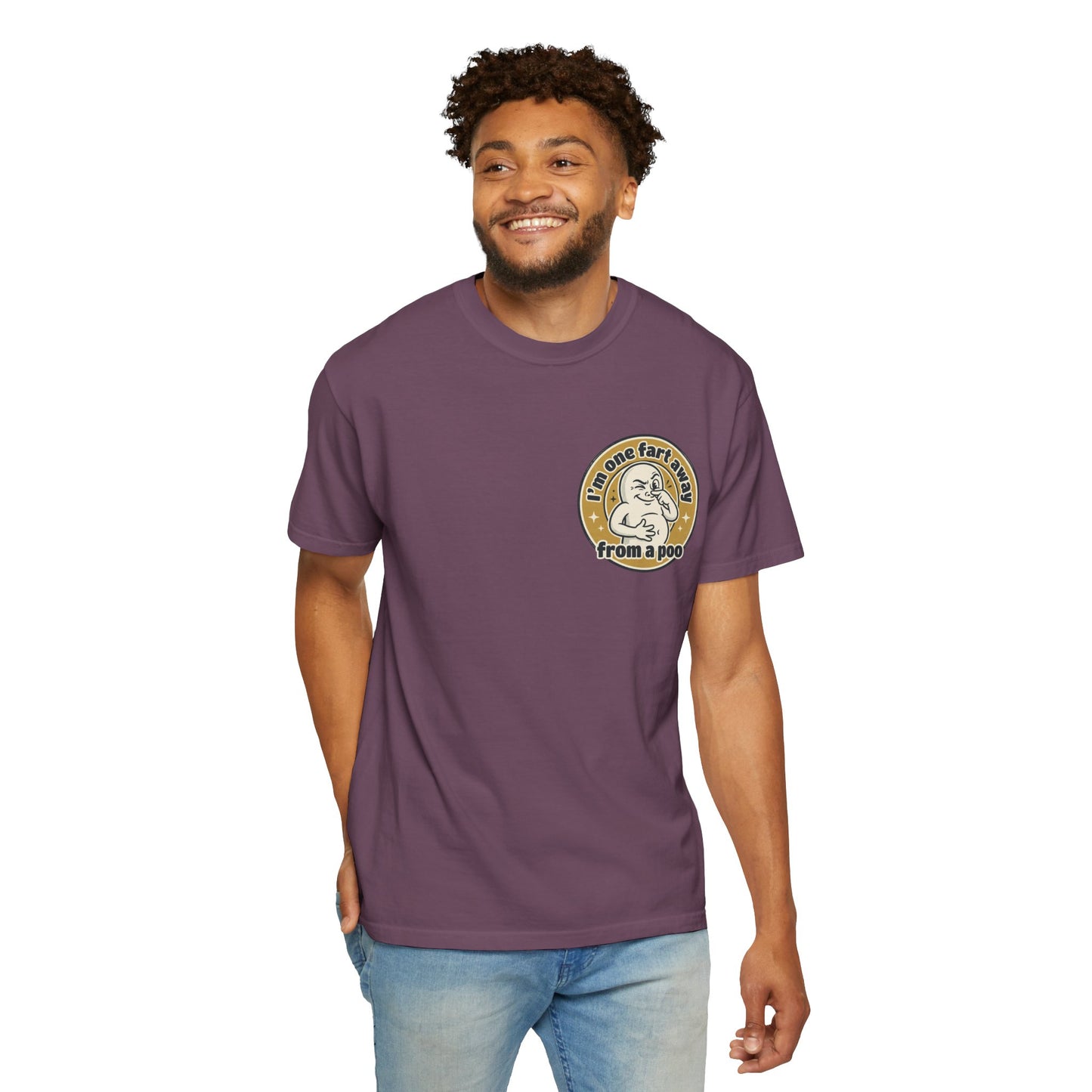 Funny Graphic T-Shirt – “I’m One Fart Away From a Poo” Retro Badge Tee | Sarcastic Humor Shirt