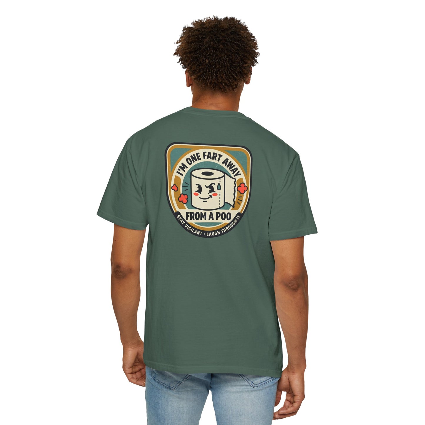 Funny Toilet Paper T-Shirt – “I’m One Fart Away From a Poo” Retro Badge Tee | Novelty Humor Shirt