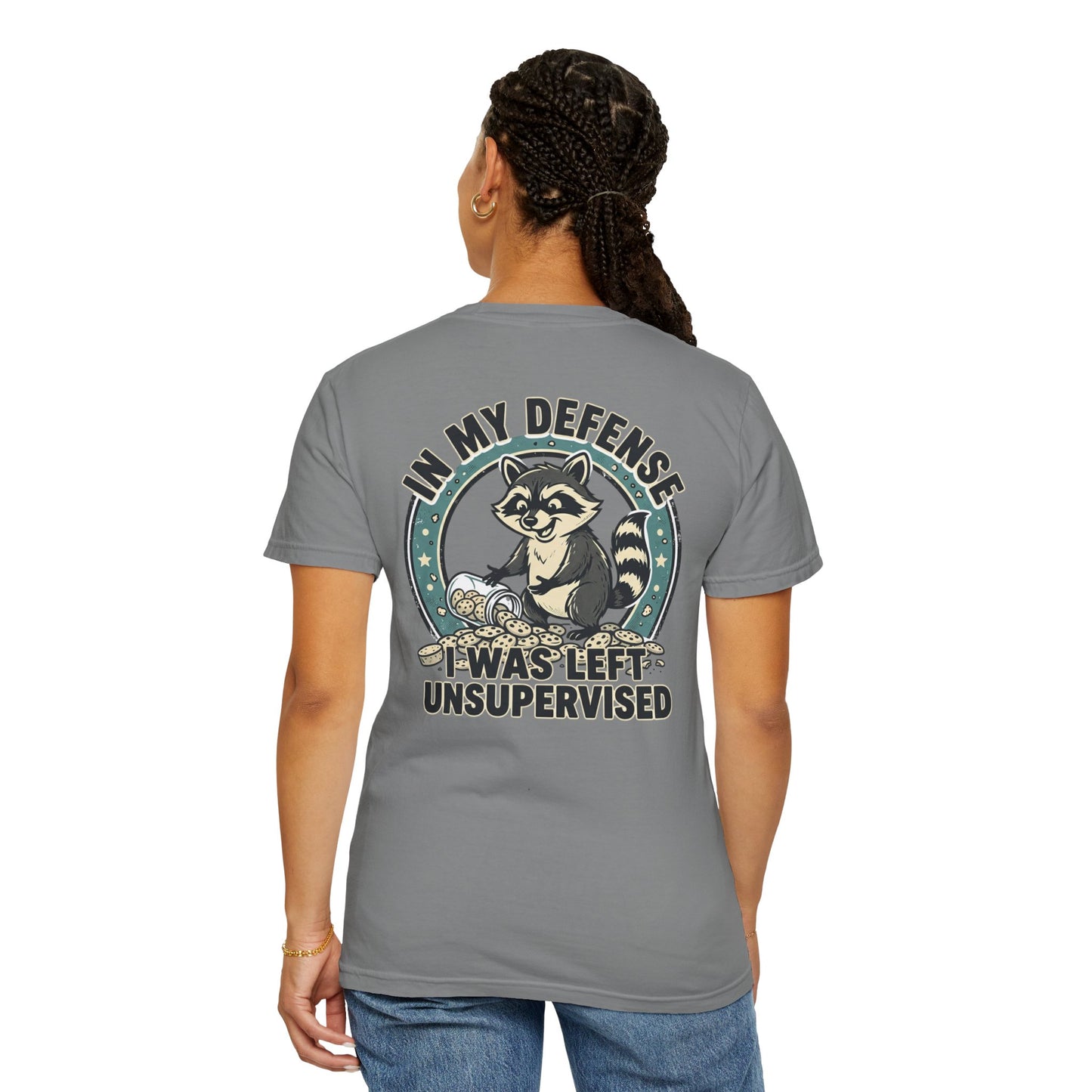 Funny Raccoon T-Shirt – “In My Defense I Was Left Unsupervised” Graphic Tee | Cute Chaos Humor Shirt