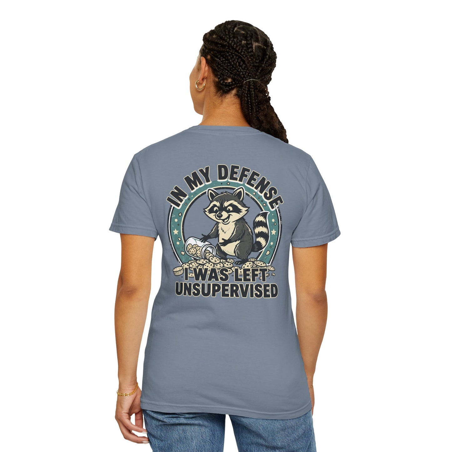 Funny Raccoon T-Shirt – “In My Defense I Was Left Unsupervised” Graphic Tee | Cute Chaos Humor Shirt
