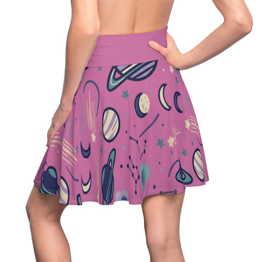 Celestial Skater Skirt – Pink Planet & Moon Print Aesthetic Skirt | Women’s Flowy Cosmic Skirt