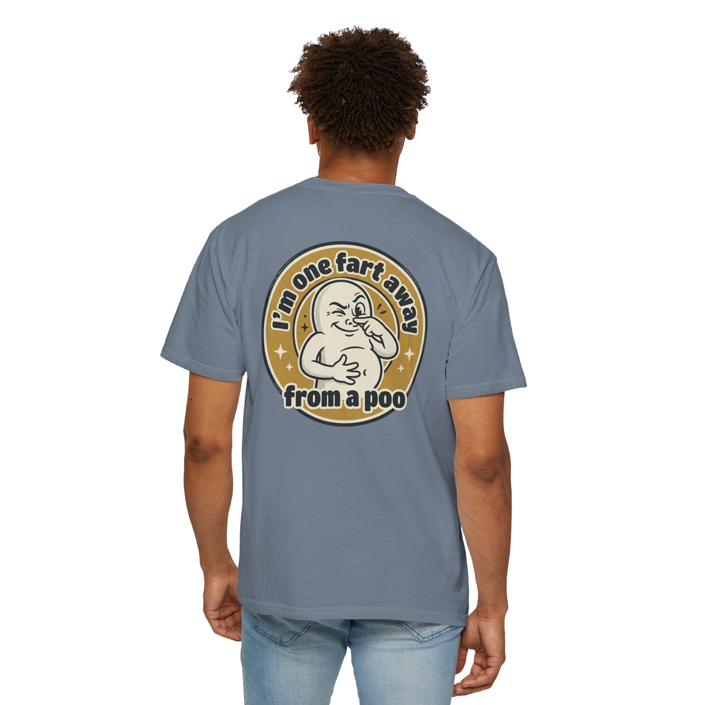 Funny Graphic T-Shirt – “I’m One Fart Away From a Poo” Retro Badge Tee | Sarcastic Humor Shirt