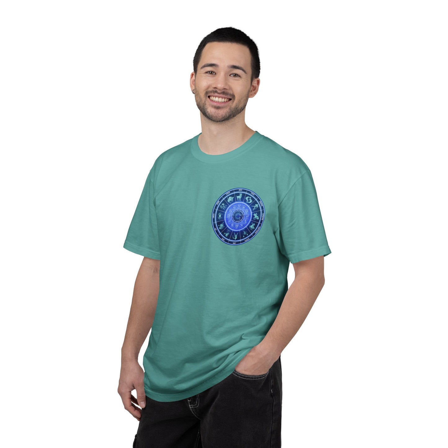 Zodiac Wheel T-Shirt – Blue Astrology Sign Graphic Tee | Celestial Mandala Star Sign Shirt