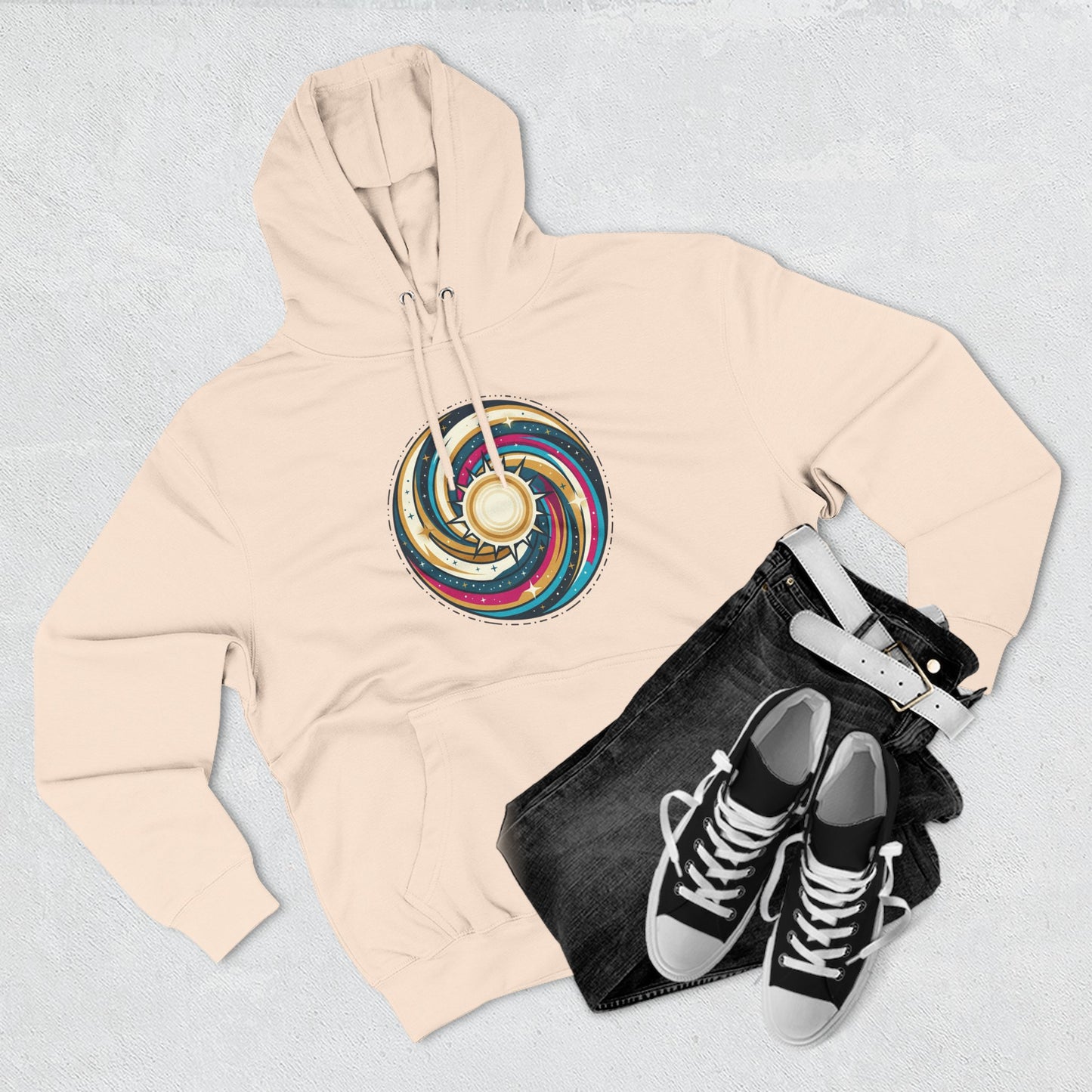 Swirl Sun Hoodie – Cosmic Spiral Sun Graphic Hoodie | Psychedelic Space Aesthetic, Celestial Streetwear, Unisex Hoodie