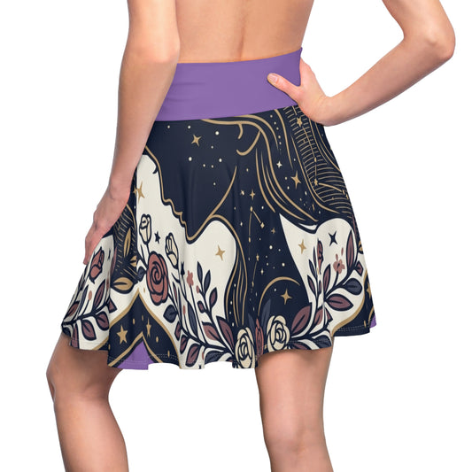 Celestial Moon & Roses Skater Skirt – Astrology Floral Print Skirt | Cosmic Aesthetic, Women’s Flowy Skirt