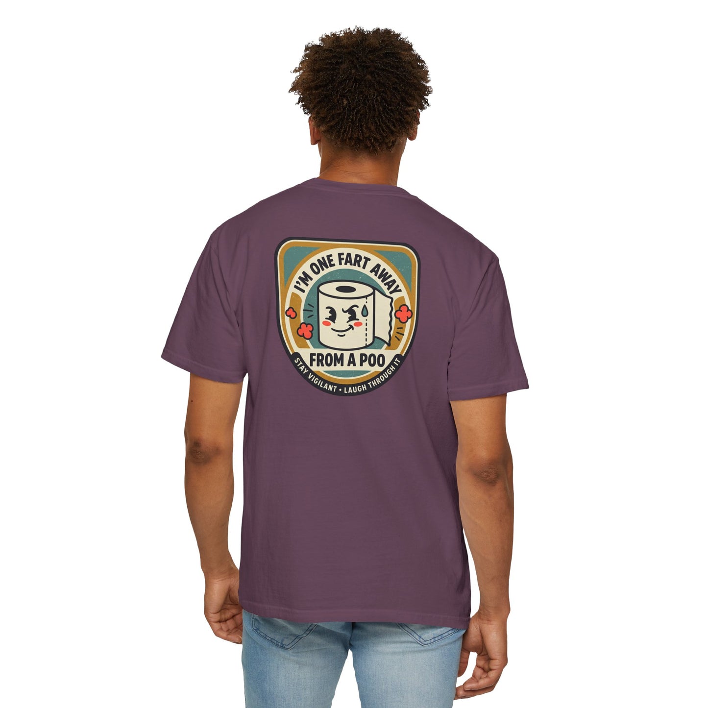 Funny Toilet Paper T-Shirt – “I’m One Fart Away From a Poo” Retro Badge Tee | Novelty Humor Shirt