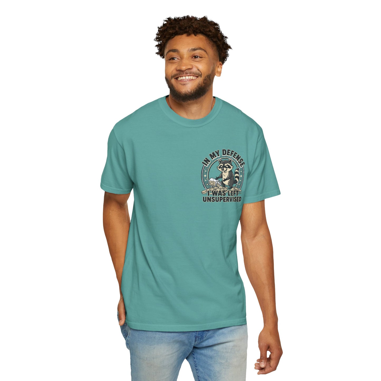 Funny Raccoon T-Shirt – “In My Defense I Was Left Unsupervised” Graphic Tee | Cute Chaos Humor Shirt