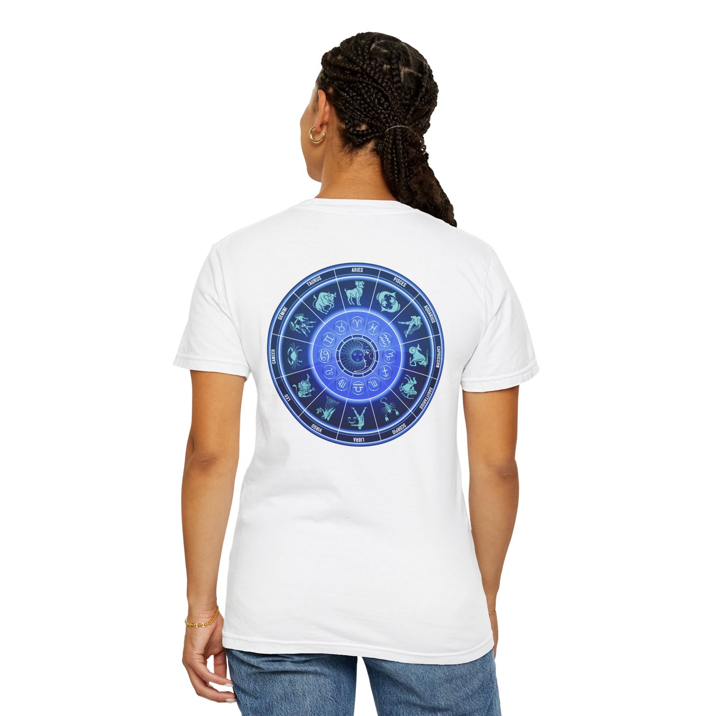 Zodiac Wheel T-Shirt – Blue Astrology Sign Graphic Tee | Celestial Mandala Star Sign Shirt