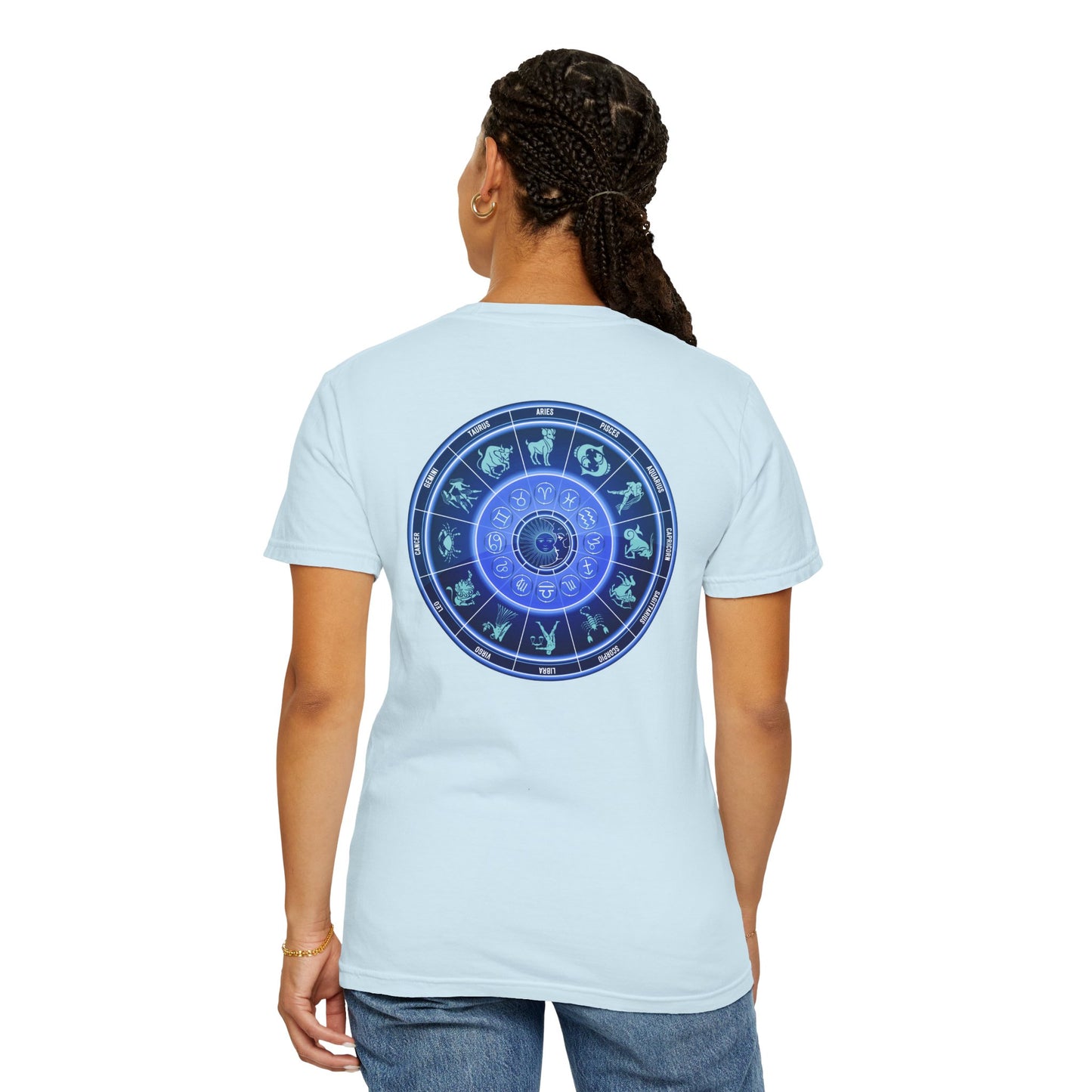 Zodiac Wheel T-Shirt – Blue Astrology Sign Graphic Tee | Celestial Mandala Star Sign Shirt