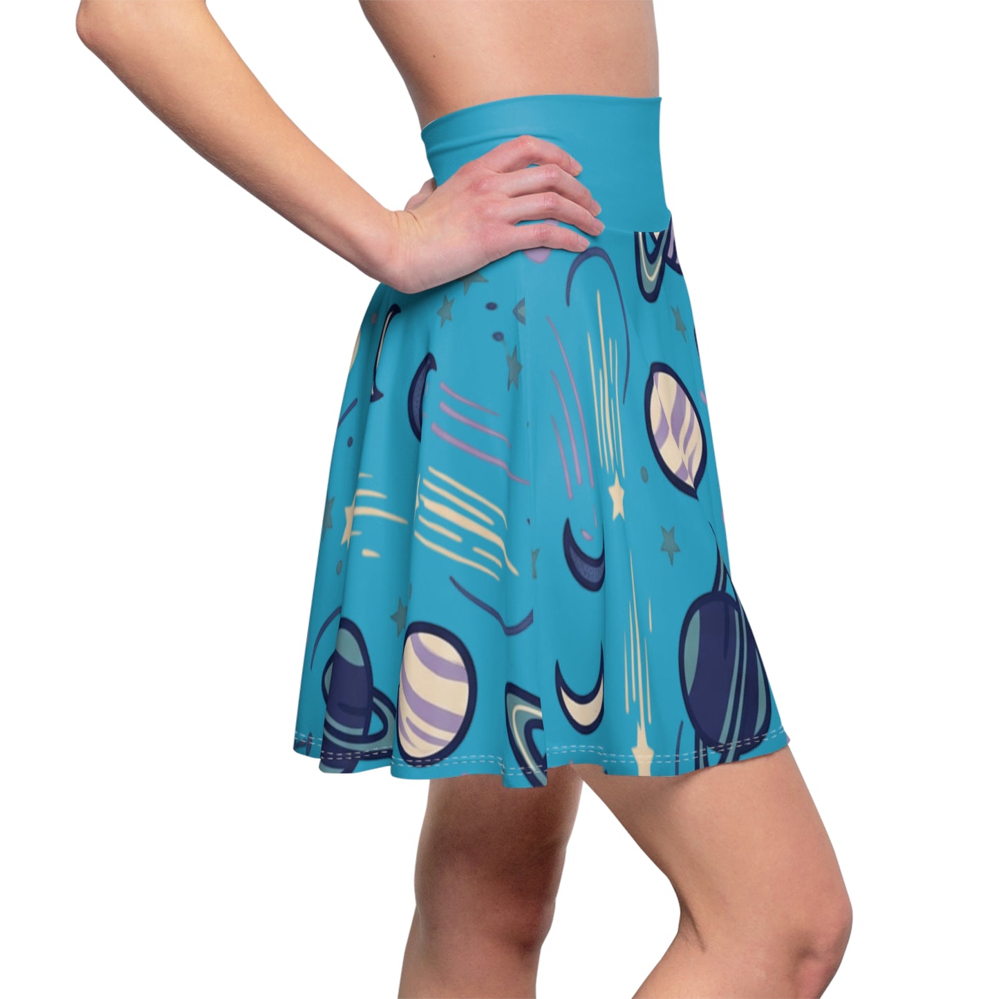 Celestial Skater Skirt – Blue Planet & Moon Print Aesthetic Skirt | Women’s Flowy Cosmic Skirt