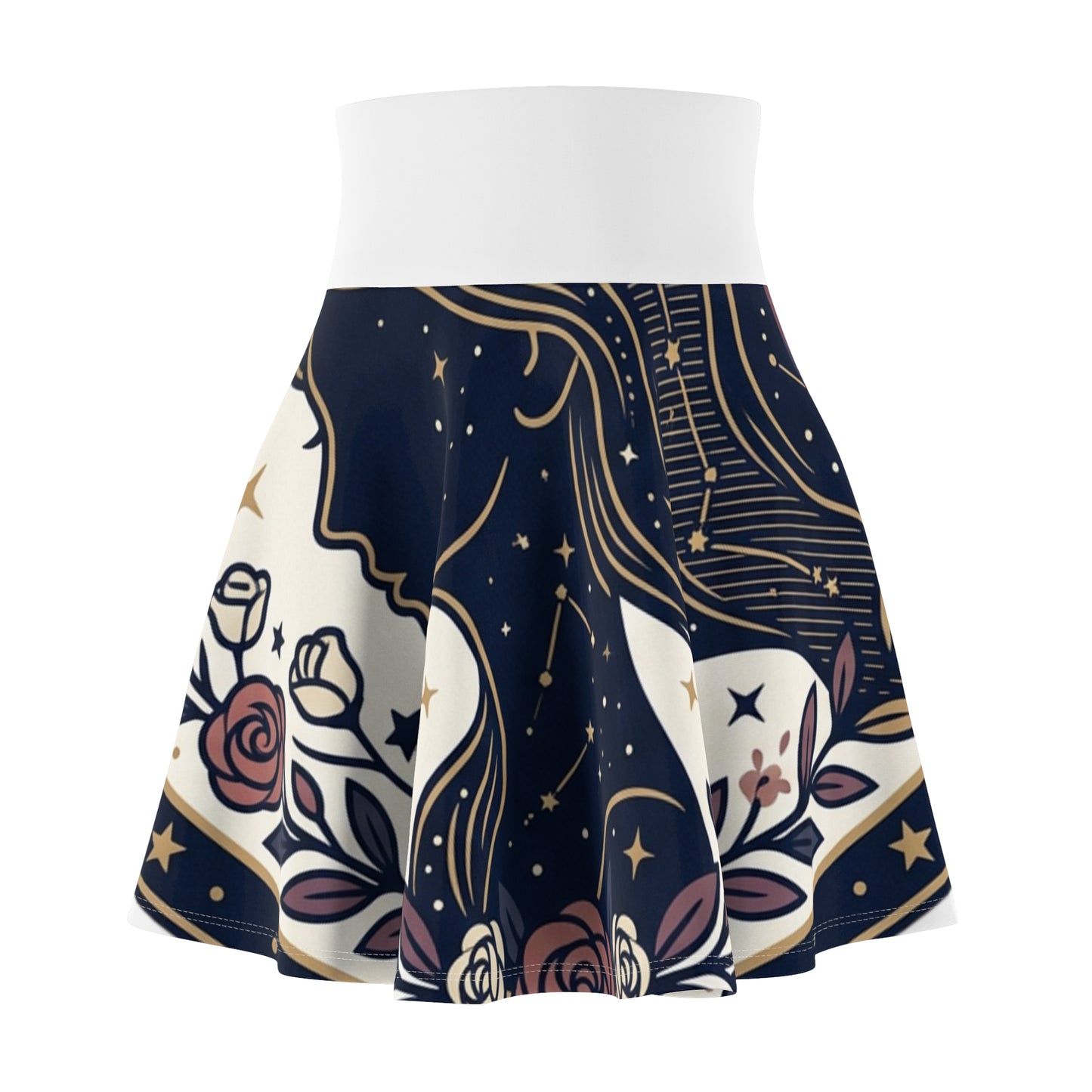 Celestial Moon & Roses Skater Skirt – Astrology Floral Aesthetic Skirt | Women’s Flowy Cosmic Skirt